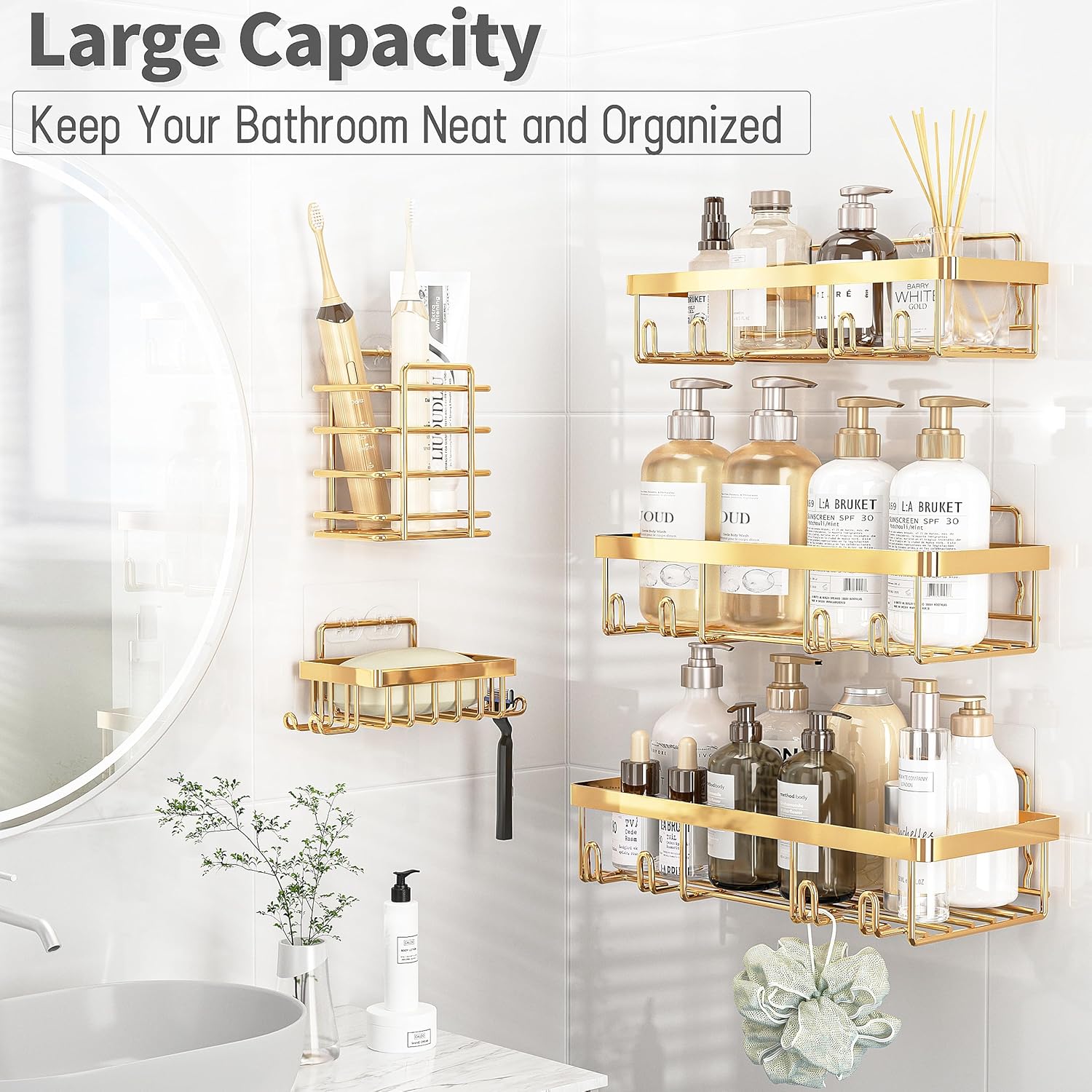 Self Adhesive Wall Storage Basket Rustproof / Gold / Set of 5