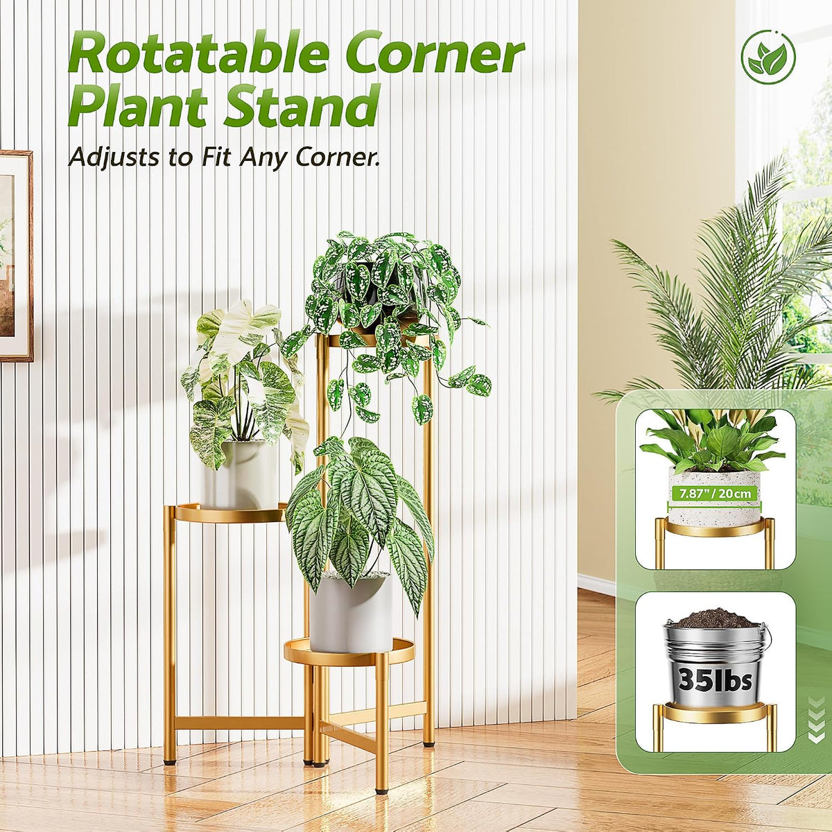 3 Tiered Plant Stand Indoor for Multiple Large Planter, Tall Heavy Duty Adjustable Folding Rack with Rustproof 7.9 Inch