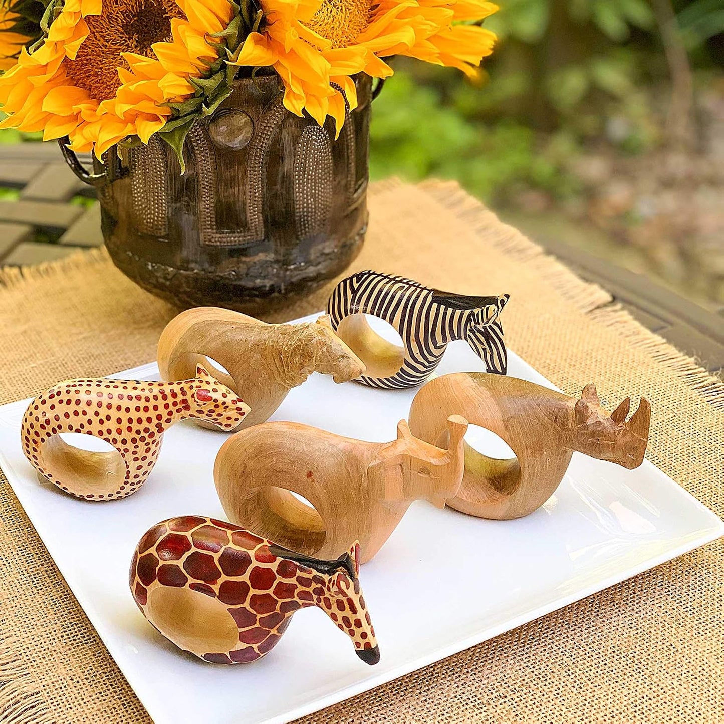 Mahogany Wood Animal Napkin Rings Set of Six / Assorted Animals