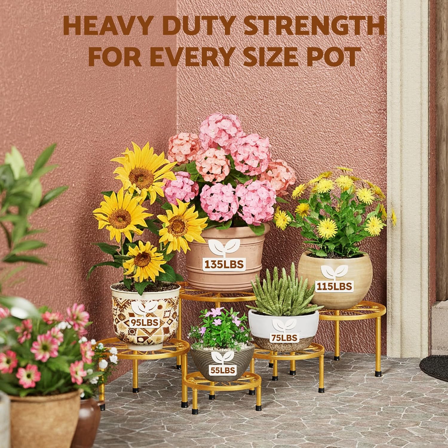 5 Pack Planters Stands with Gold Outdoors Plant Holders Indoor (GoldS)