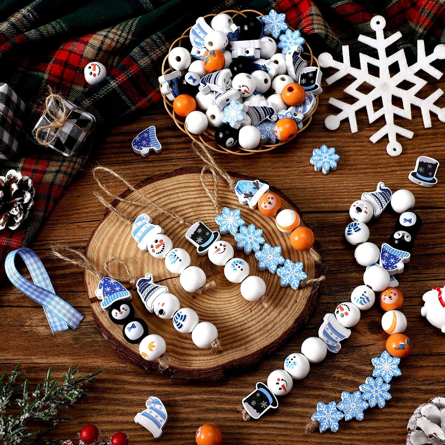 Twine Snowman Gingerbread Man Nutcracker Wooden Bead Garland / Set of 240