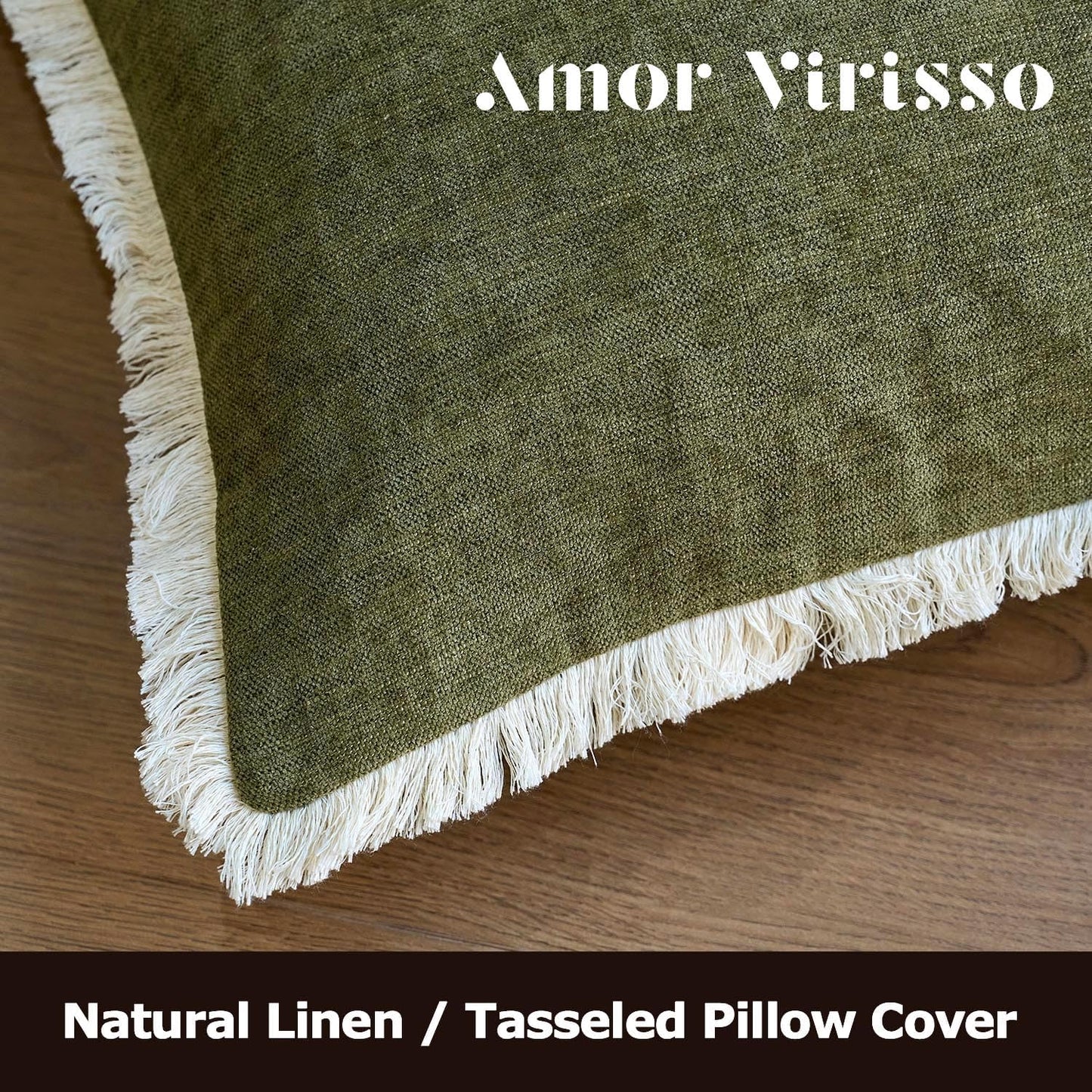 Fringe Throw Pillow Covers Boho Neutral Farmhouse Decorative / Olive Green / 18 x 18 / Set of 2