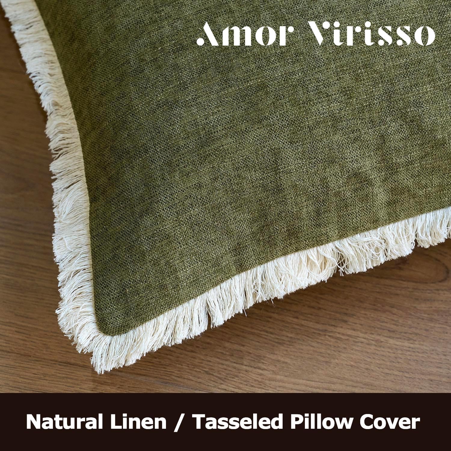 Fringe Throw Pillow Covers Boho Neutral Farmhouse Decorative / Olive Green / 18 x 18 / Set of 2