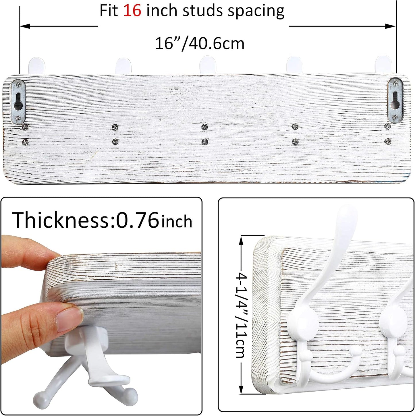 WEBI Coat Rack Wall Mounted,Wood Coat Hooks Wall Mount,16" Hole to Hole,Large Coat Hanger Wall Hook Rack,5 Triple Hooks