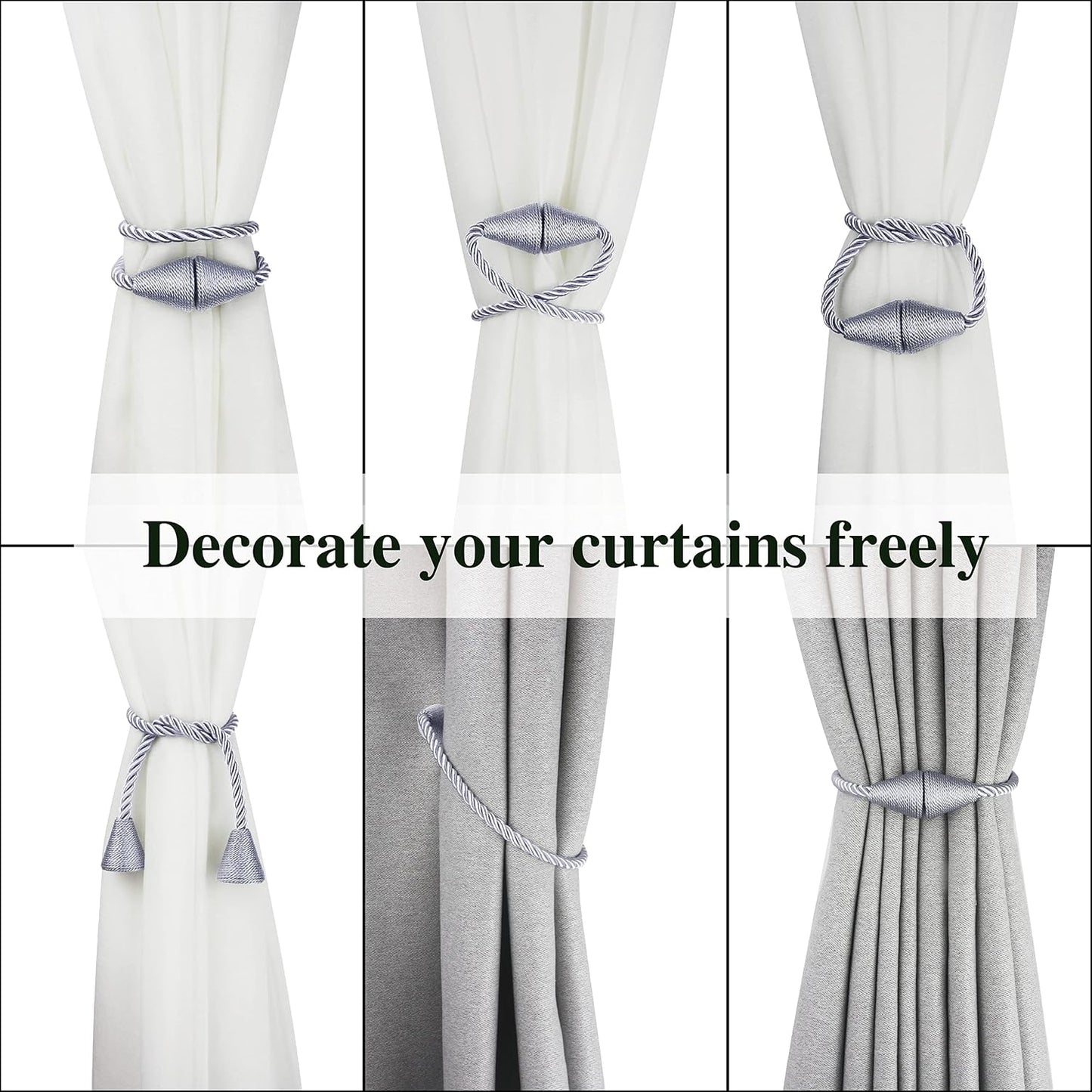 Magnetic Curtain Tiebacks Rope Decorative Holdbacks for Drapes Nieffeiy | 6 Pack Grey Modern Handmade Curtain Tie Backs