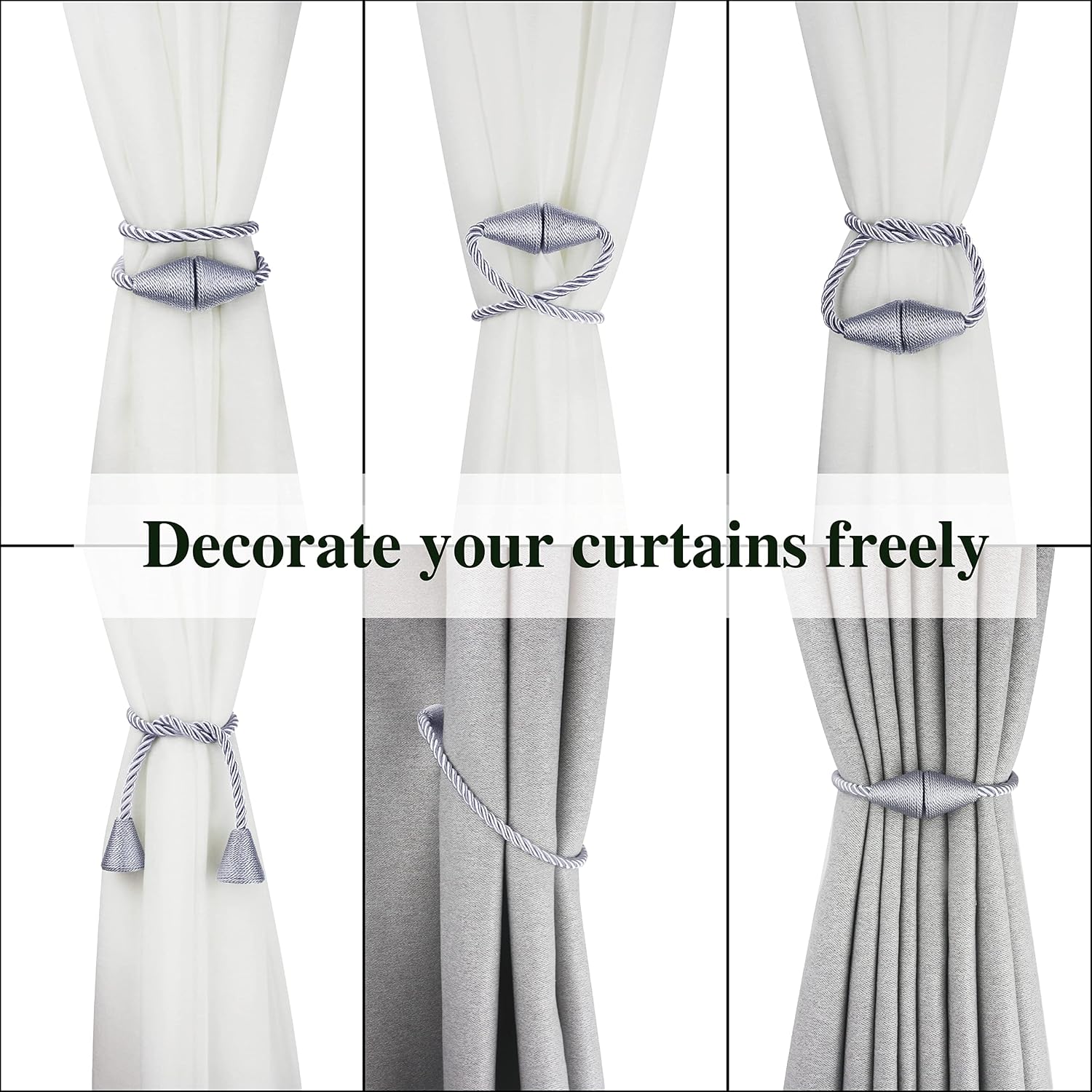 Magnetic Curtain Tiebacks Rope Decorative Holdbacks for Drapes Nieffeiy | 6 Pack Grey Modern Handmade Curtain Tie Backs
