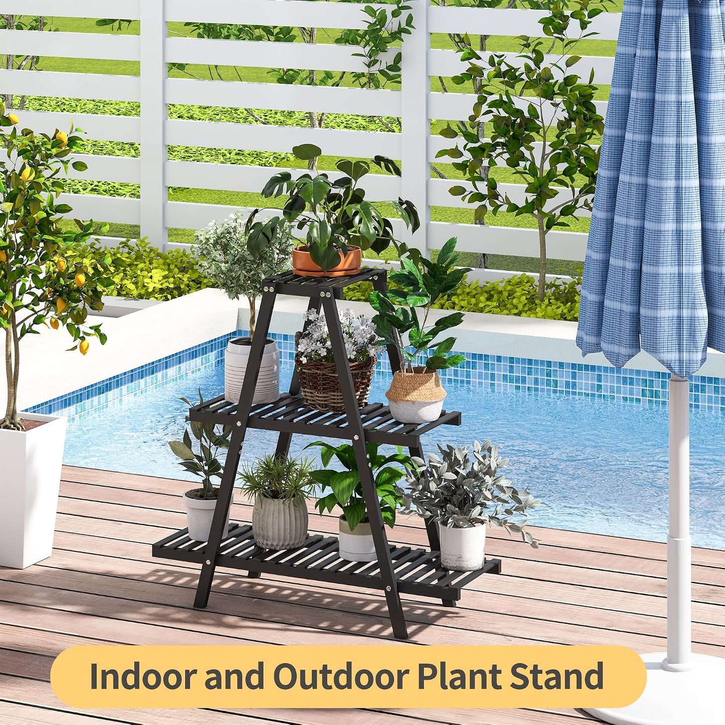 Bamboo Plant Stand Indoor/Outdoor, 3-Tier, Black, Rectangular, 8 Potted Flower Holder Ladder Plant Rack