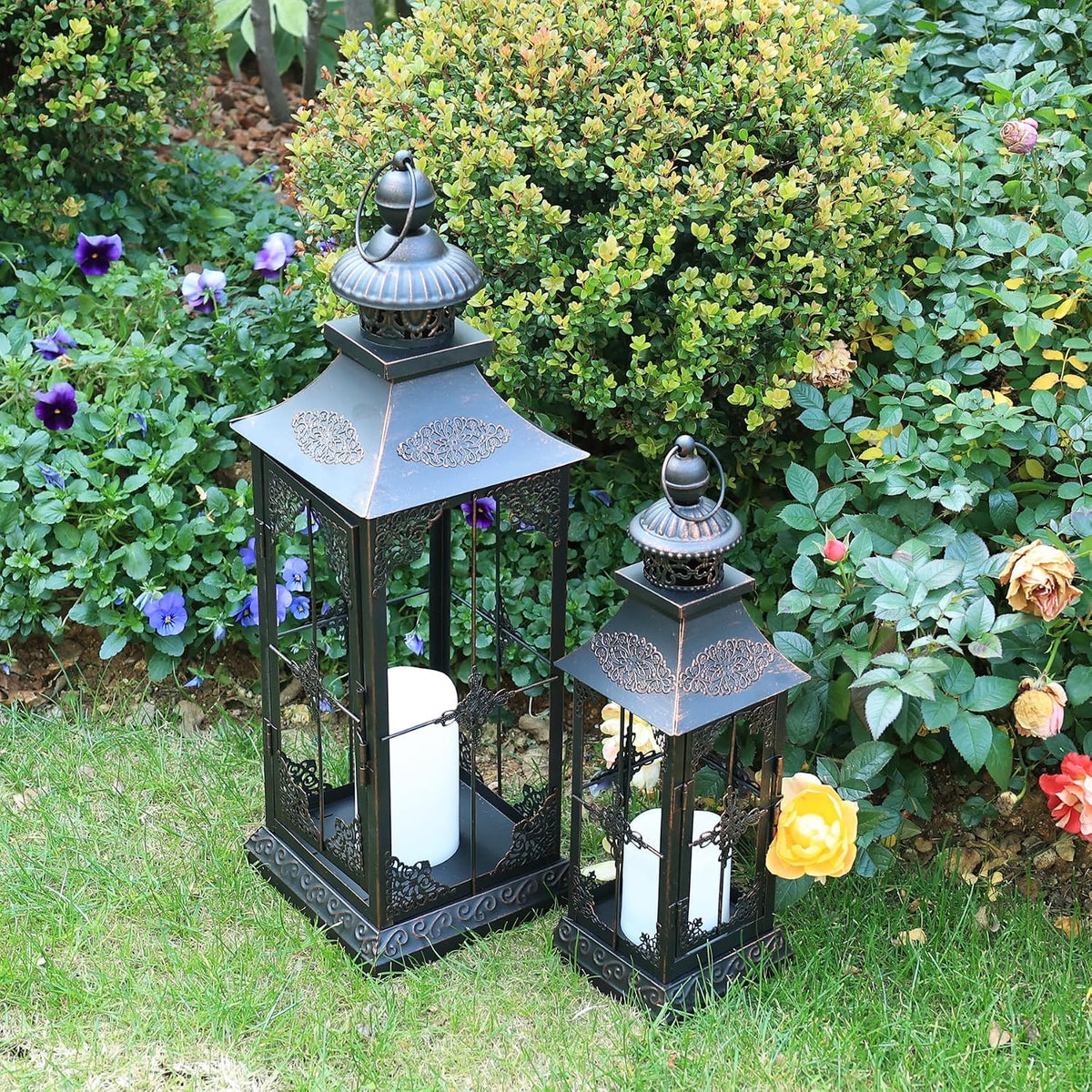 LED Lanterns Decorative Outdoor&Indoor, 23'' 16‘’ Large Black Lanterns with 2 Flameless Candles, Metal Holders for