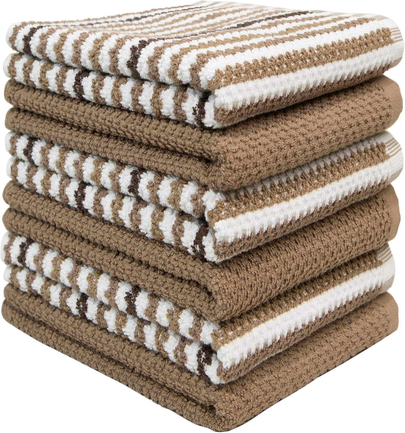 Bumble Kitchen Towels 6 Pack 100% Cotton 16"x26" - Tan Wide Stripe | 430 GSM Soft Kitchen Hand Towels with Hanging
