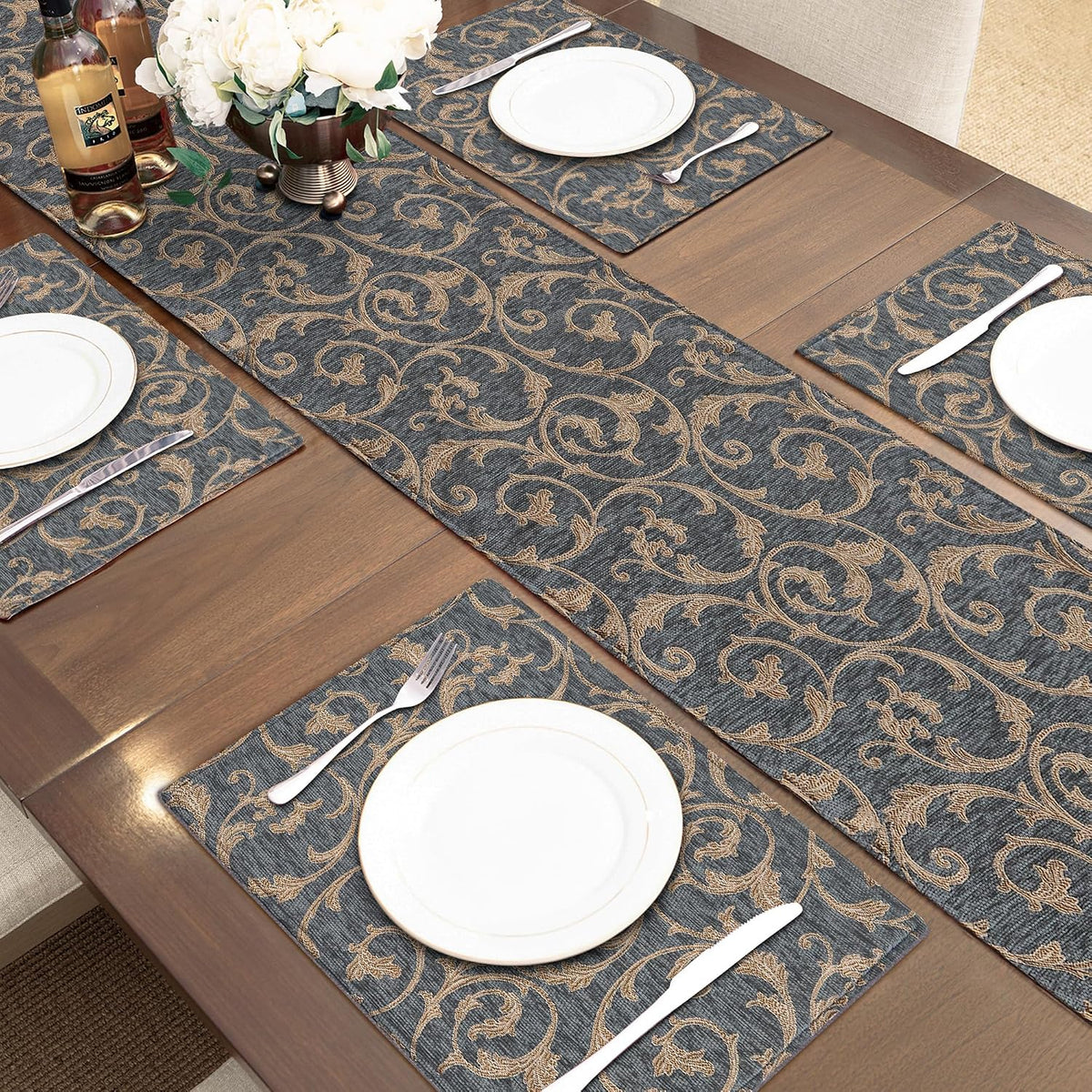 Loom and Mill Chenille Damask Table Runner 108 inches Long, Blue-Grey+Khaki | Classic Elegant Acanthus Jacquard Table