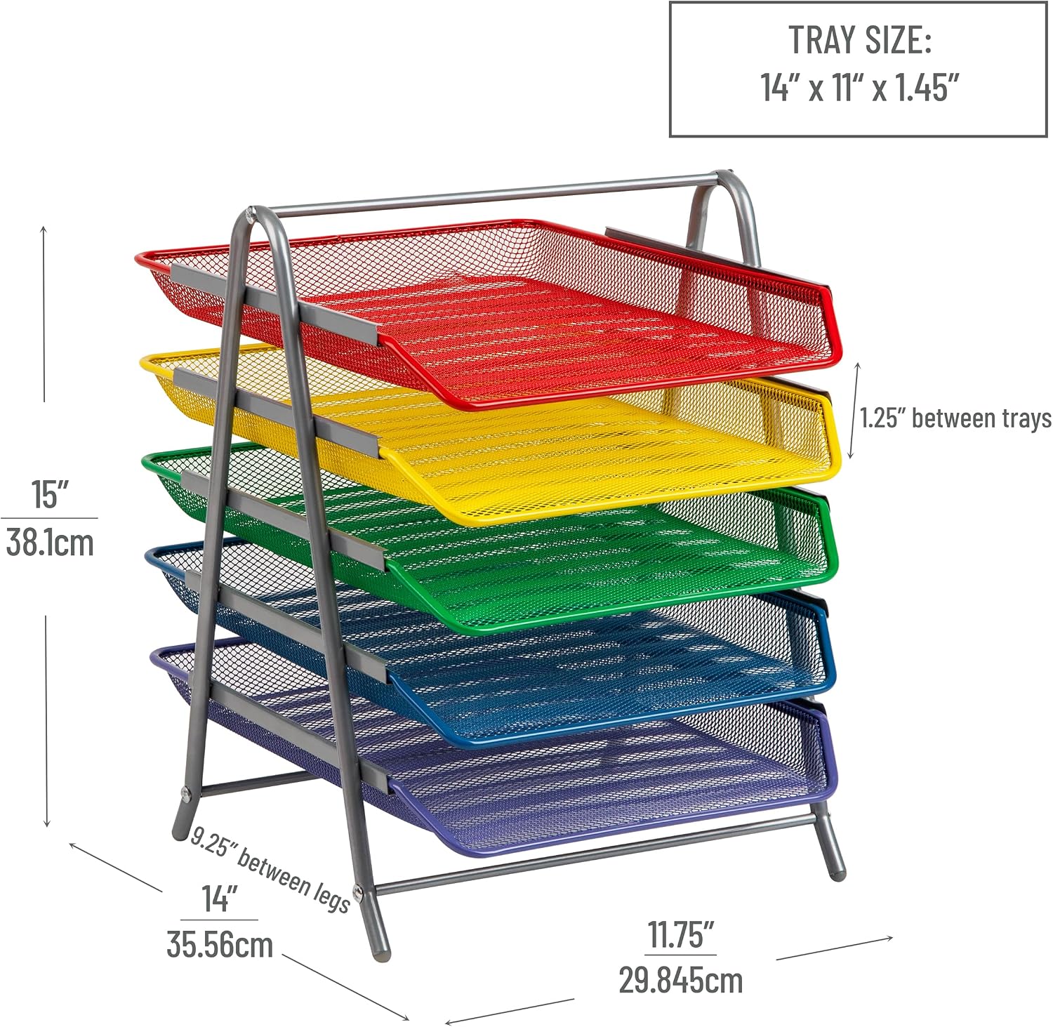Mind Reader 5-Tier Paper Tray Organizer with Multicolor Trays, Classroom File Organizer for Teachers, Metal Mesh