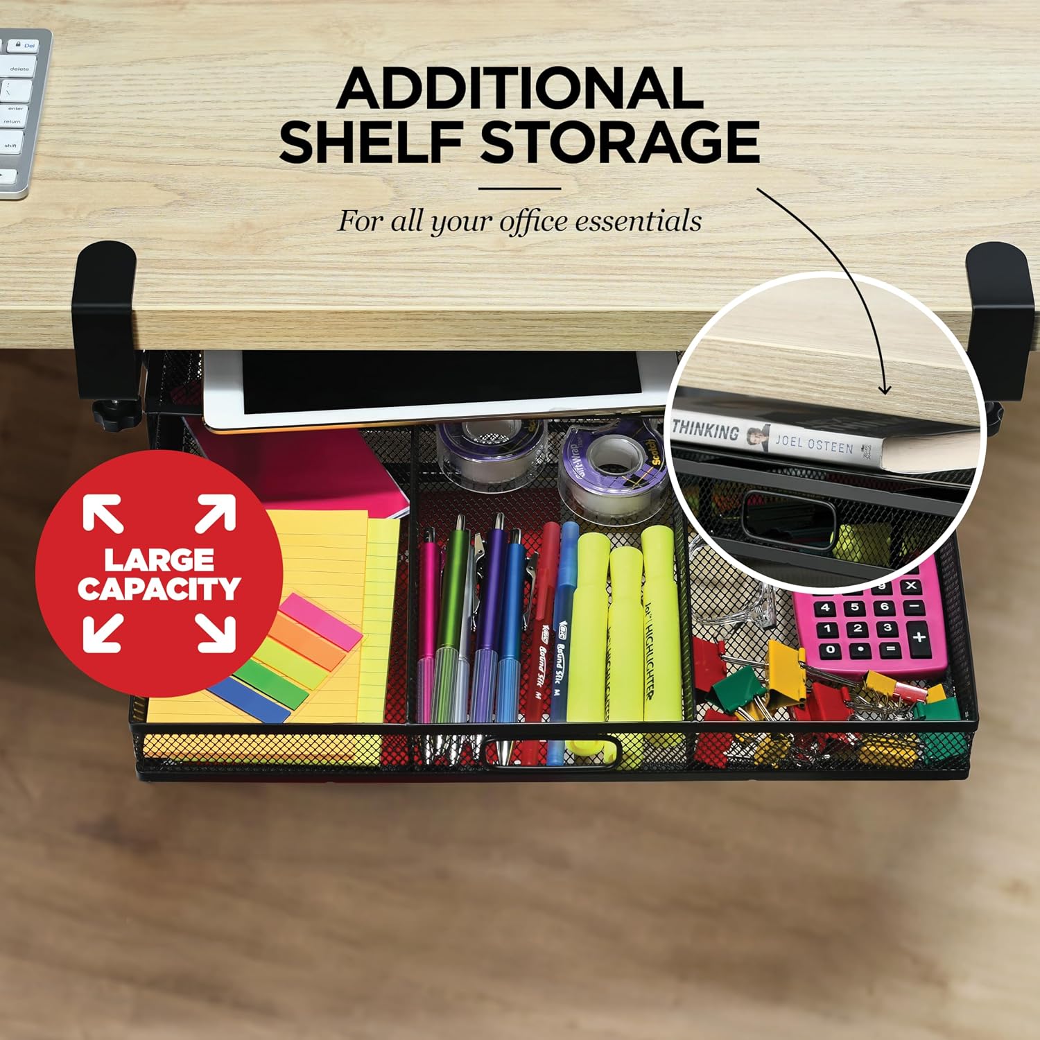 Under Desk Drawer Organizer Clamp-On, Mesh Metal Attachment, 1 Drawer Slide Out, On or Under Desk Organizer for Office