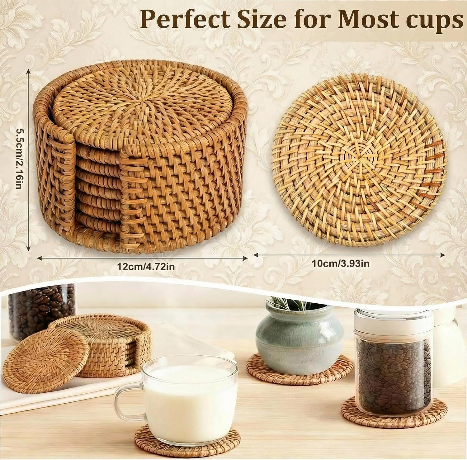 Holder｜Wicker Drink Coasters Set for Protecting / Natural / 4 Inch / Set of 6
