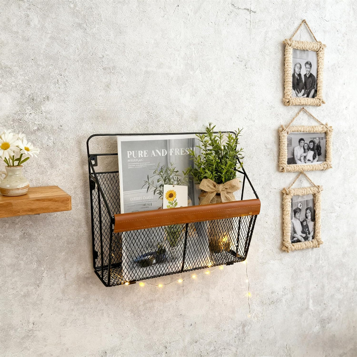 Wall Mounted Magazine Rack with Leather Trim, Decorative Art Wall Magazine Holder, Hanging Paper Organizer, Metal Wire