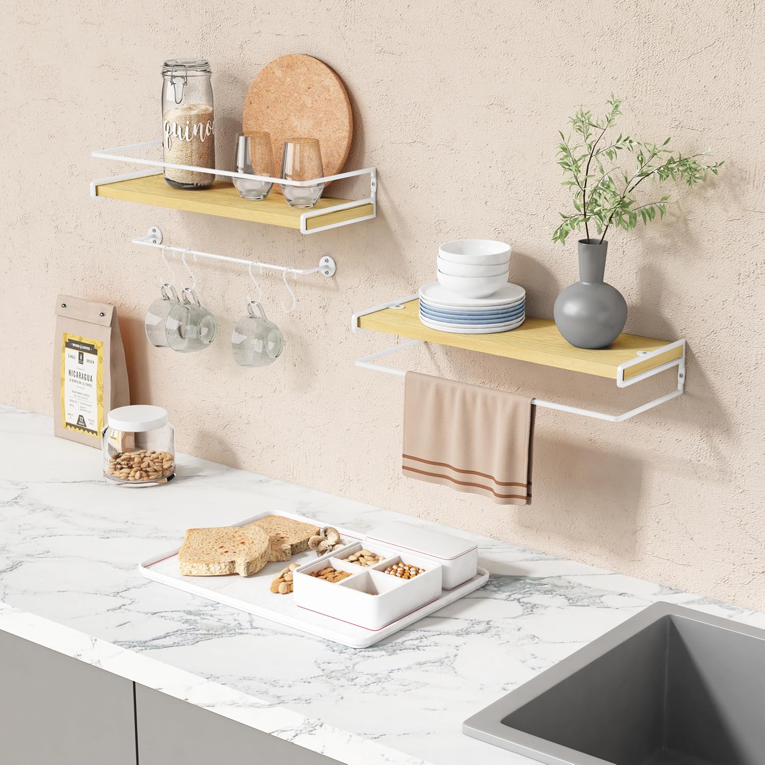 Forbena Floating Shelves for Wall with Rail, White and Natural Wood Nursery Book Shelves for Baby Girls Boys Kids Room