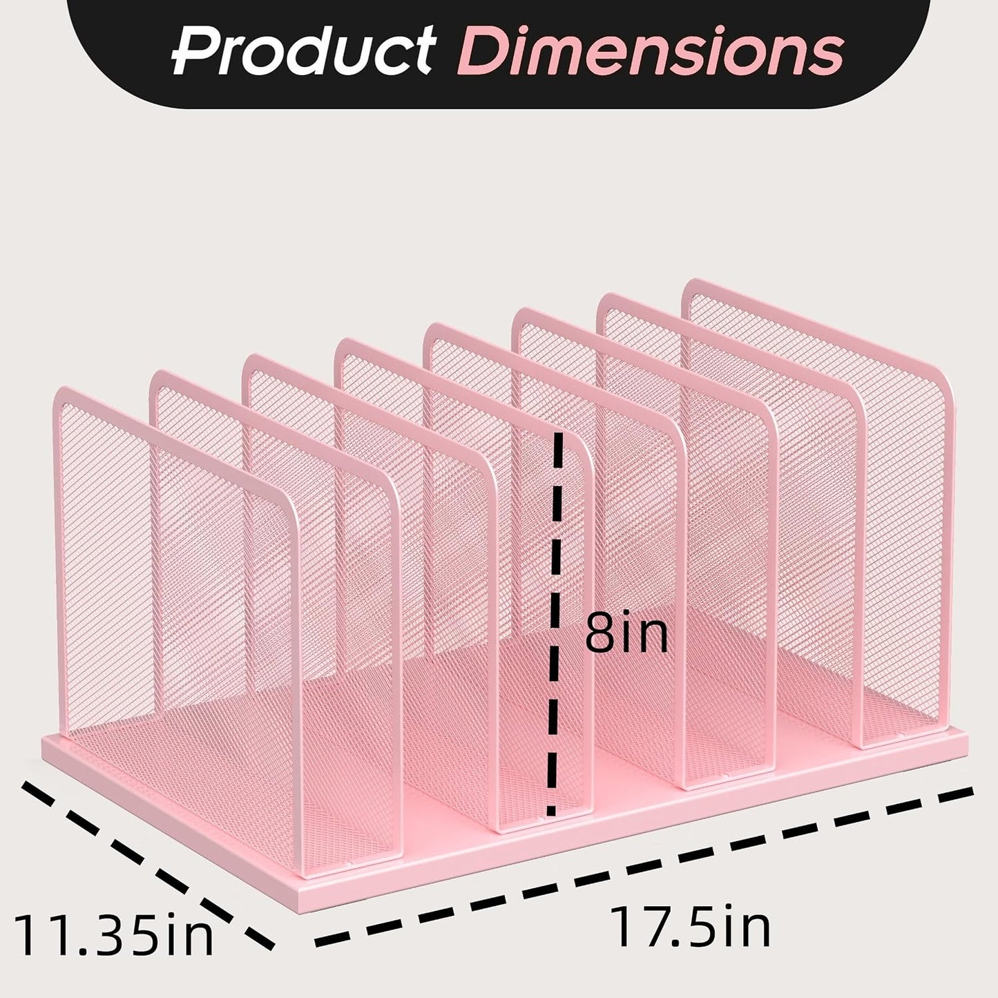 Kuntine.B 7-Section Upright Desk File Organizer Pink 2 Pack | Vertical, Mesh, Metal, Assembly, Stability, Sturdiness