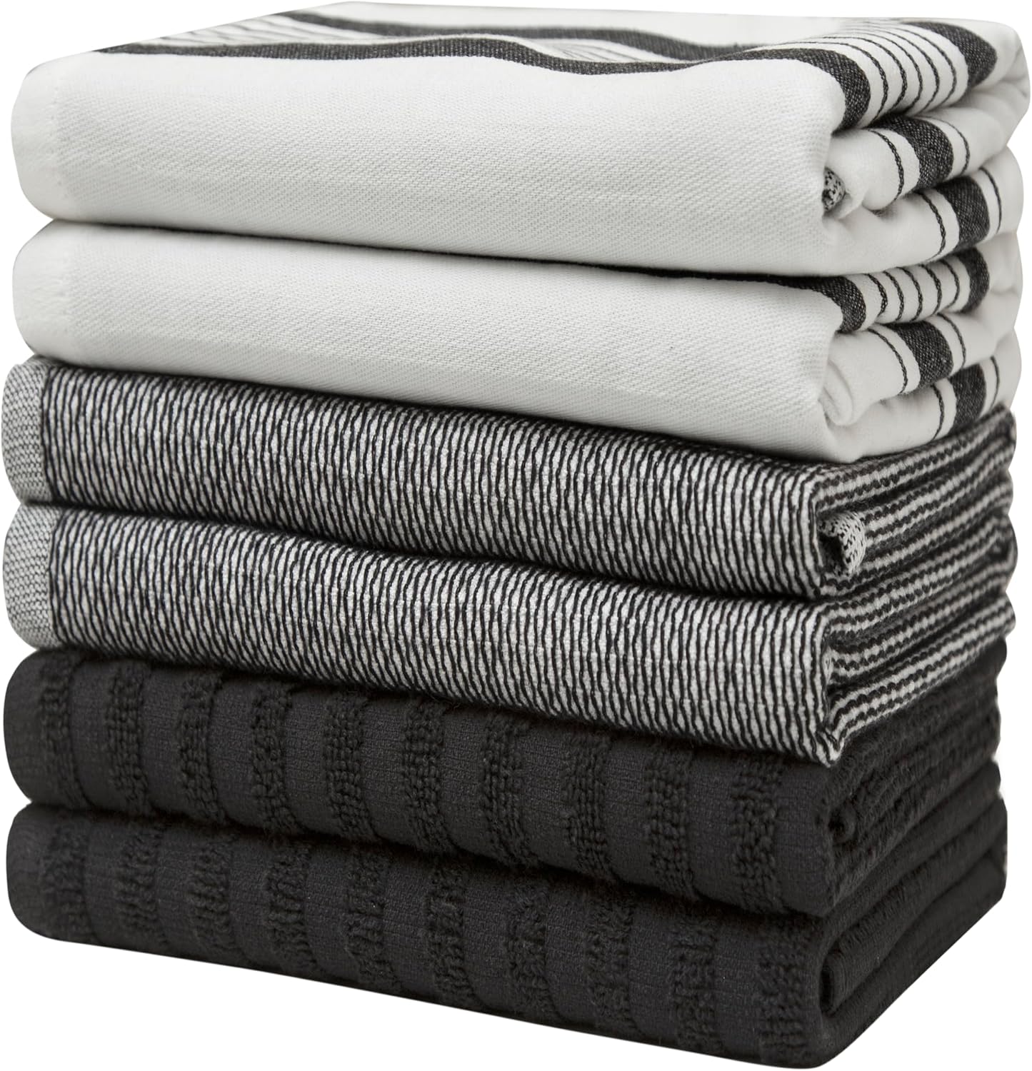 Premium Kitchen Towels 6 Pack 100% Cotton 20"x28" Dish Towels Black Striped | Large Flat & Terry Kitchen Linen Set with