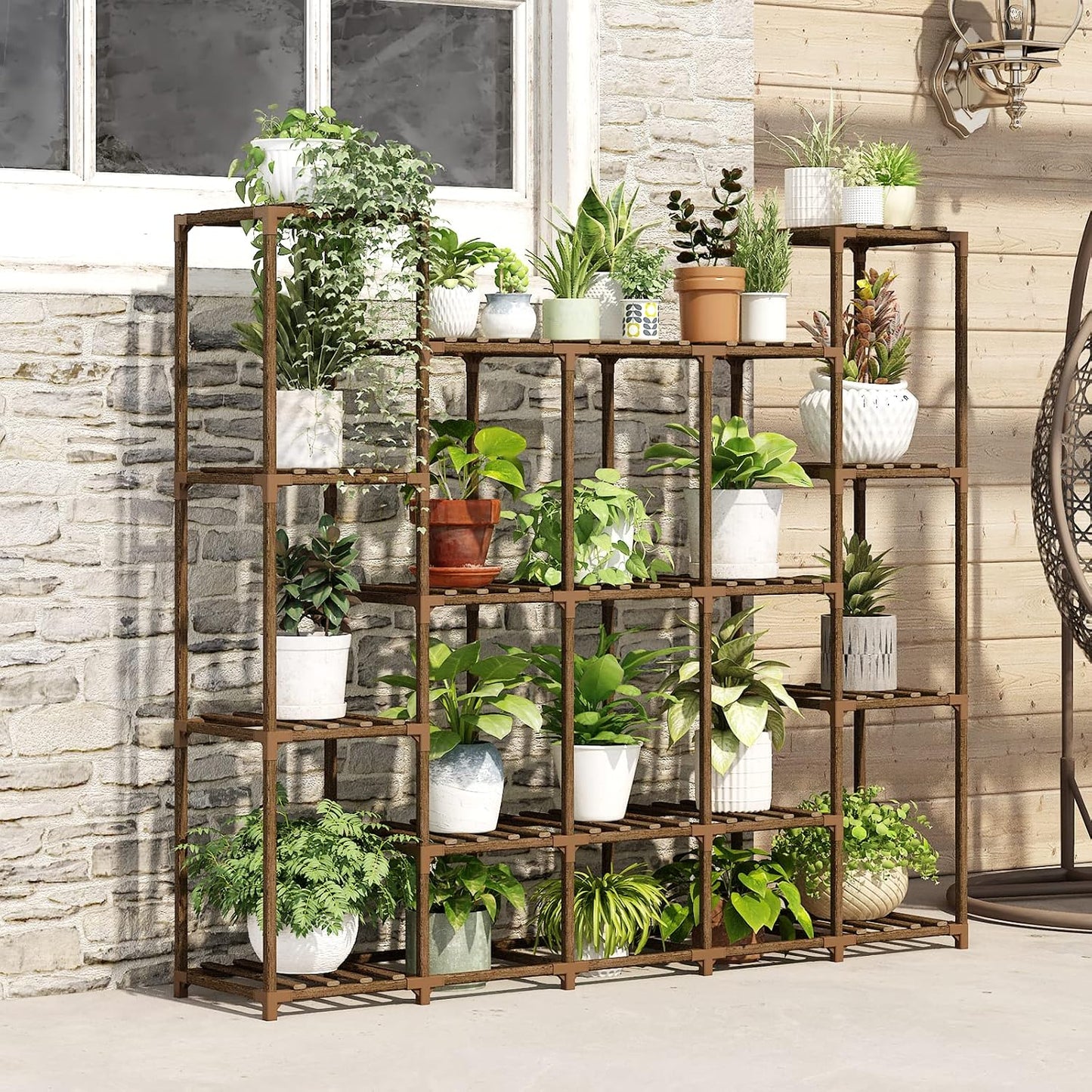 Bamworld Large Plant Shelf Indoor Plant Shelf Outdoor Tall Wood Plant Holder for Living Room Multiple Plants Patio