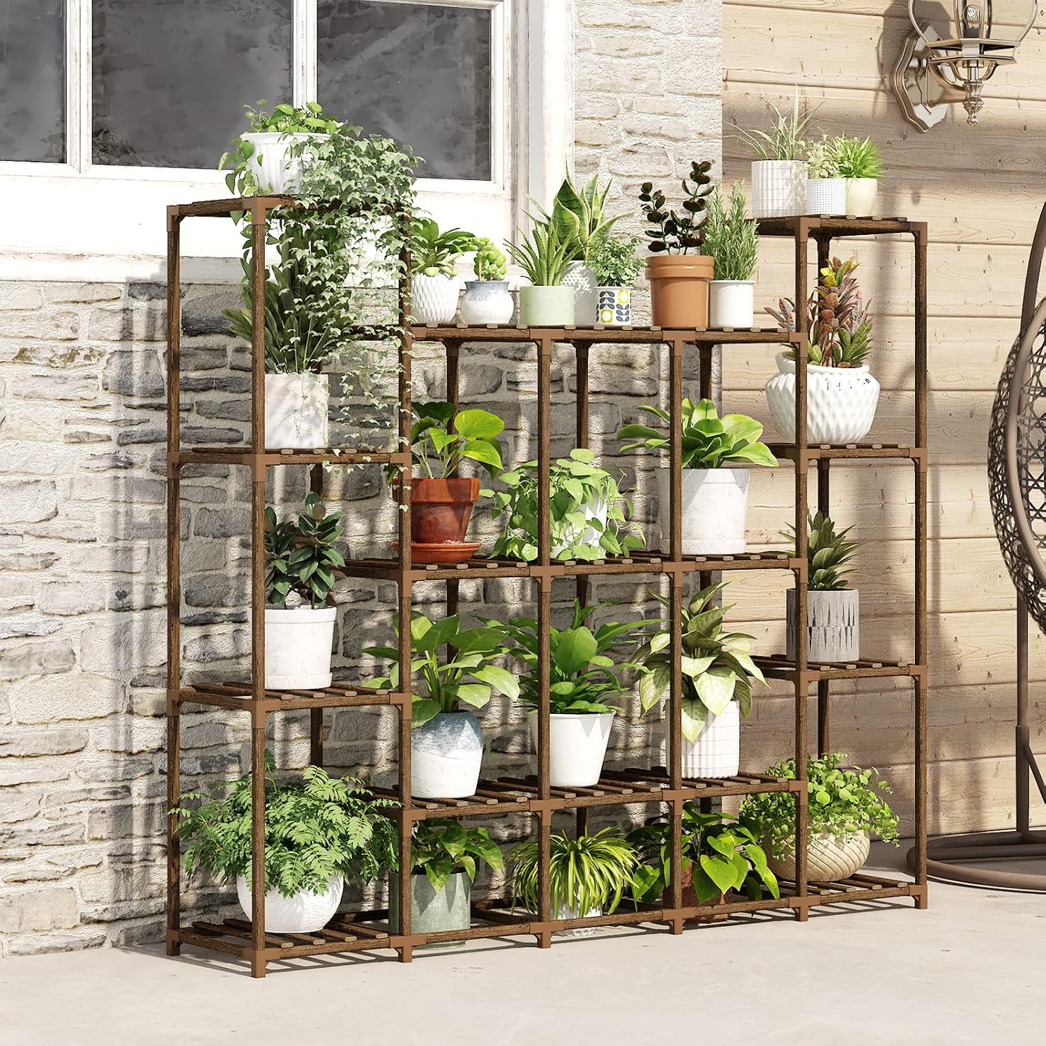 Bamworld Large Plant Shelf Indoor Plant Shelf Outdoor Tall Wood Plant Holder for Living Room Multiple Plants Patio