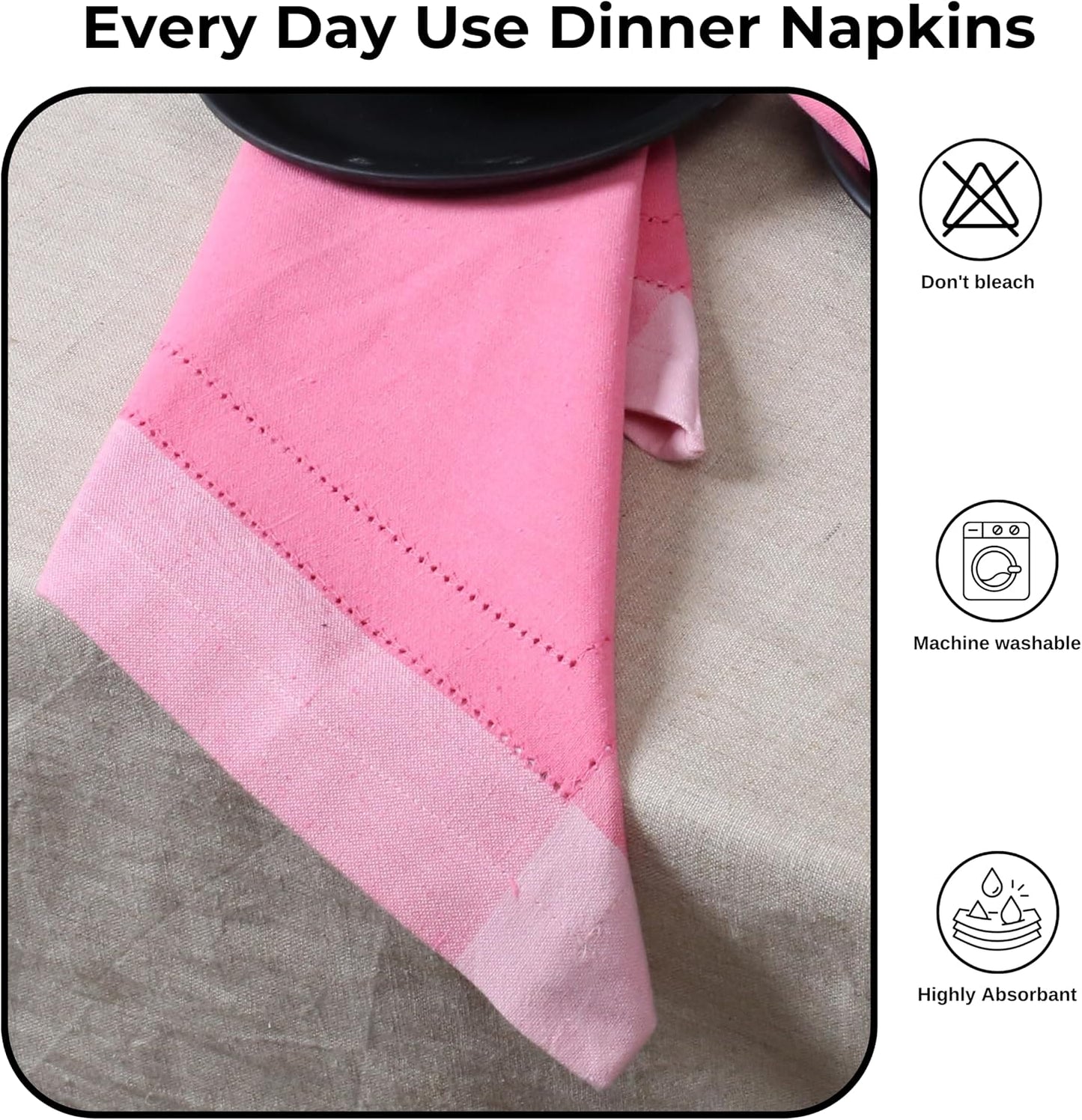 Bedding Craft Cotton Cloth Dinner Napkins Set of 12 – 20x20 Pink Multi Double Hemstitched – Machine Washable Fabric