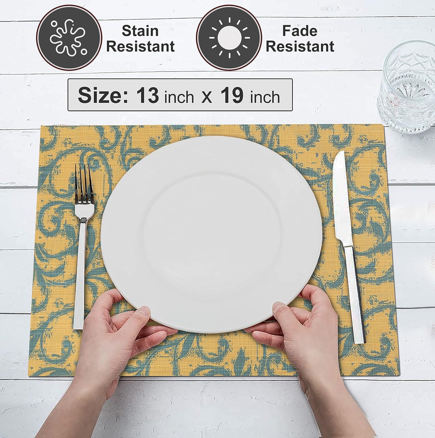 Ruvanti Placemats Set of 6, 100% Cotton Place Mats of 13"x19", Vine Spirals | Heat, Stain resistant, Washable