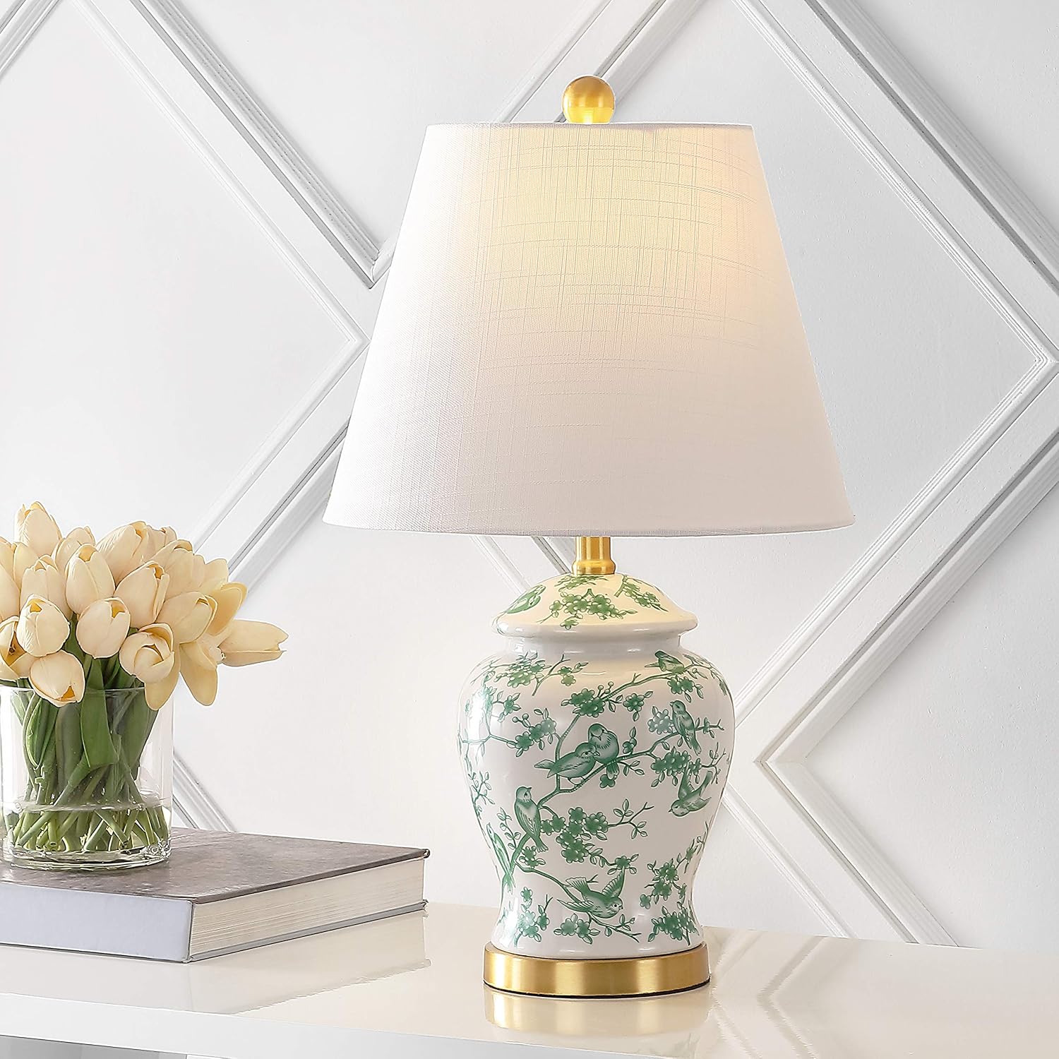JONATHAN Y Penelope Ginger Jar 22" LED Table Lamp, White/Green | Chinoiserie, Ceramic Metal Construction, French