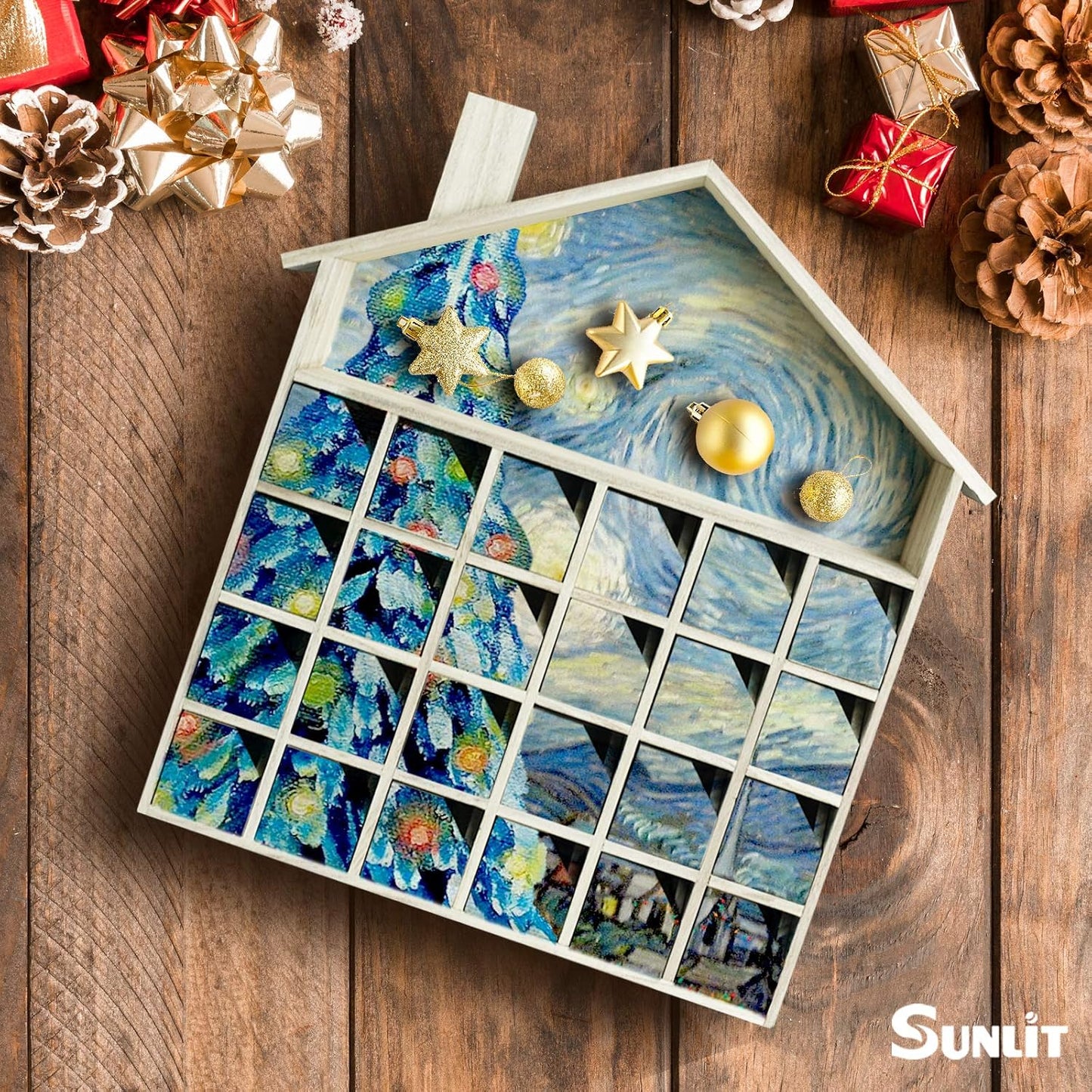 Sunlit Christmas Wooden Advent Calendar with Drawers, Unfinished Wooden, House Shaped Countdown Calendar Ready to