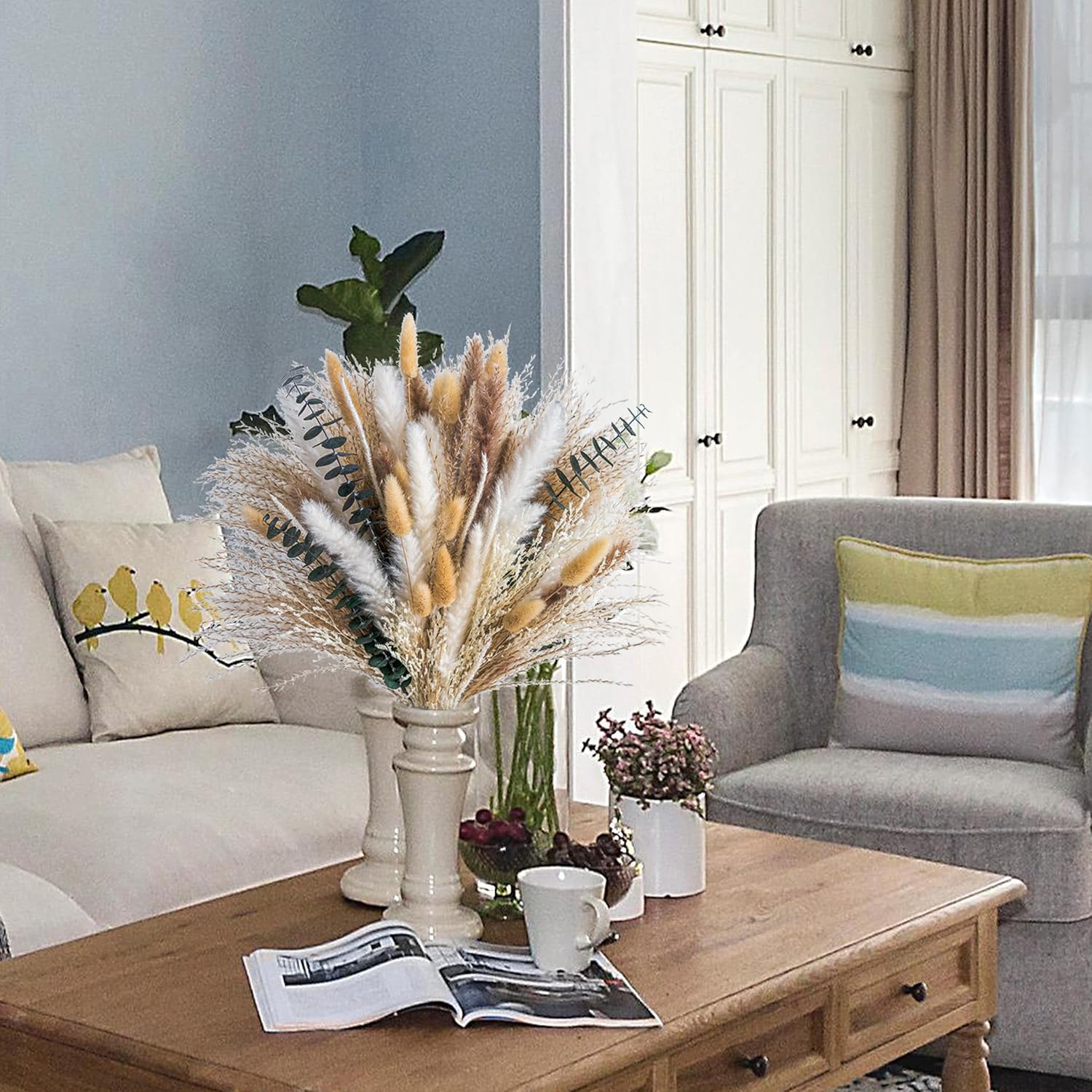 Boho Decor Bouquet Eucalyptus Pampas Grass Decor Dried Pampas Home Decor Dried Flowers / White&green