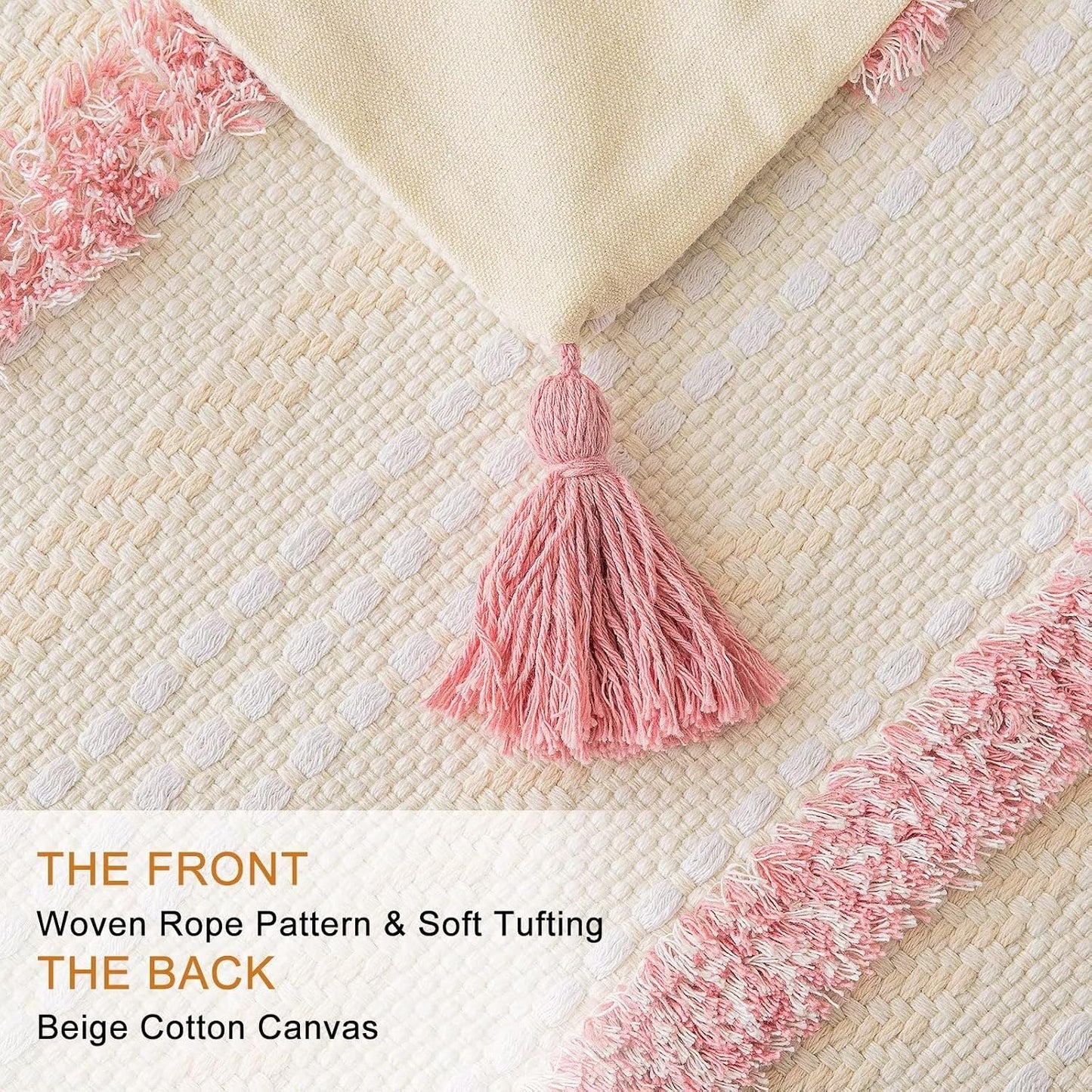 Boho Throw Pillow Covers Woven Tufted Farmhouse Pillows Cover / Pink / 18 x 18 / Set of 2