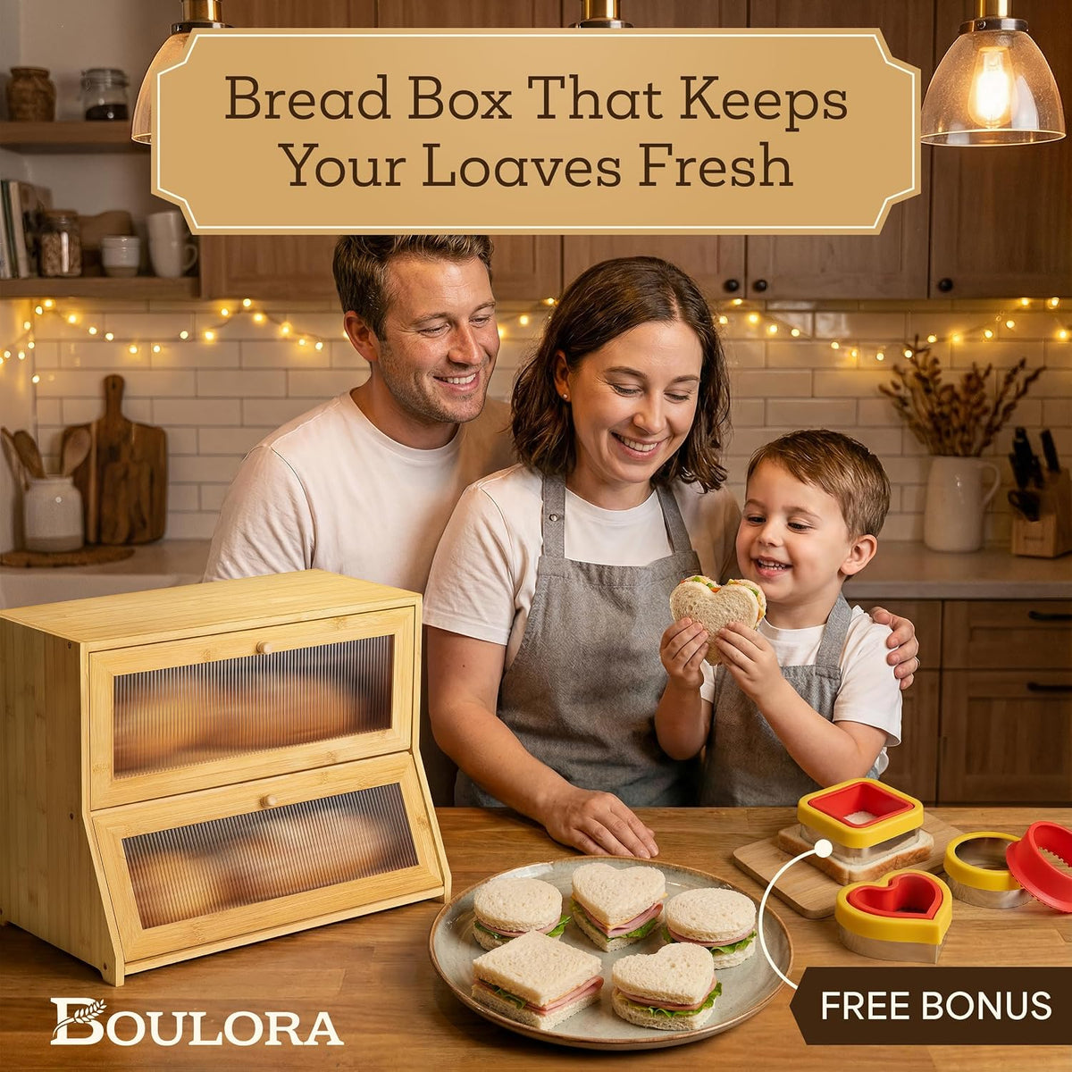 Large Bread Box for Kitchen Countertop - Bamboo Wooden Bread Box, Vintage Breadbox Countertop Cabinet, Double-Layer XL