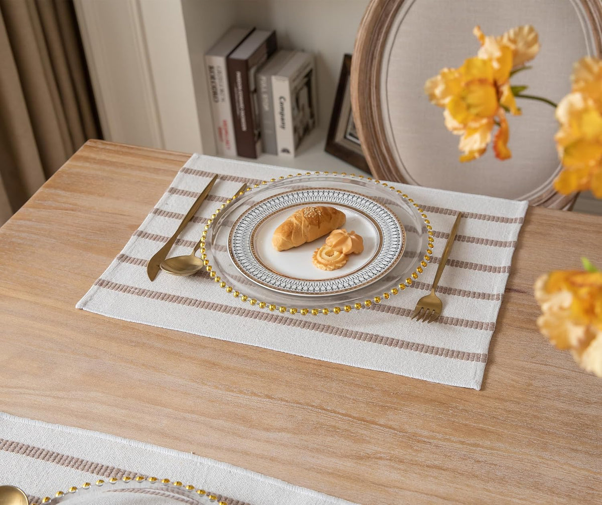 Caflife Boho Farmhouse Placemats Set of 6, Taupe Stripes Cotton Linen Woven Table Mats for Modern Dining Table, 13x19
