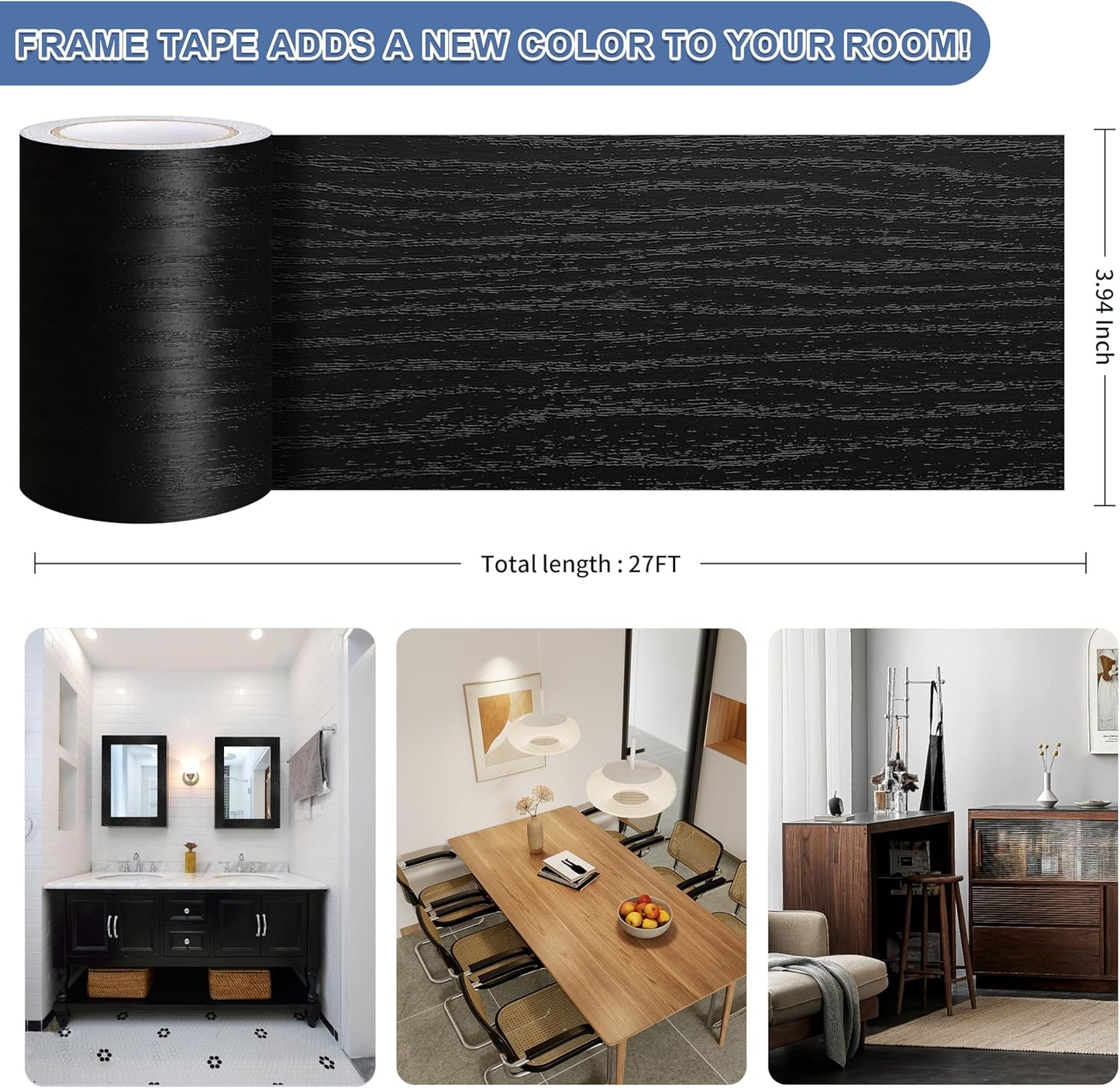 Wood Grain Wallpaper Border / 3.94 x 27 / Feet / Black