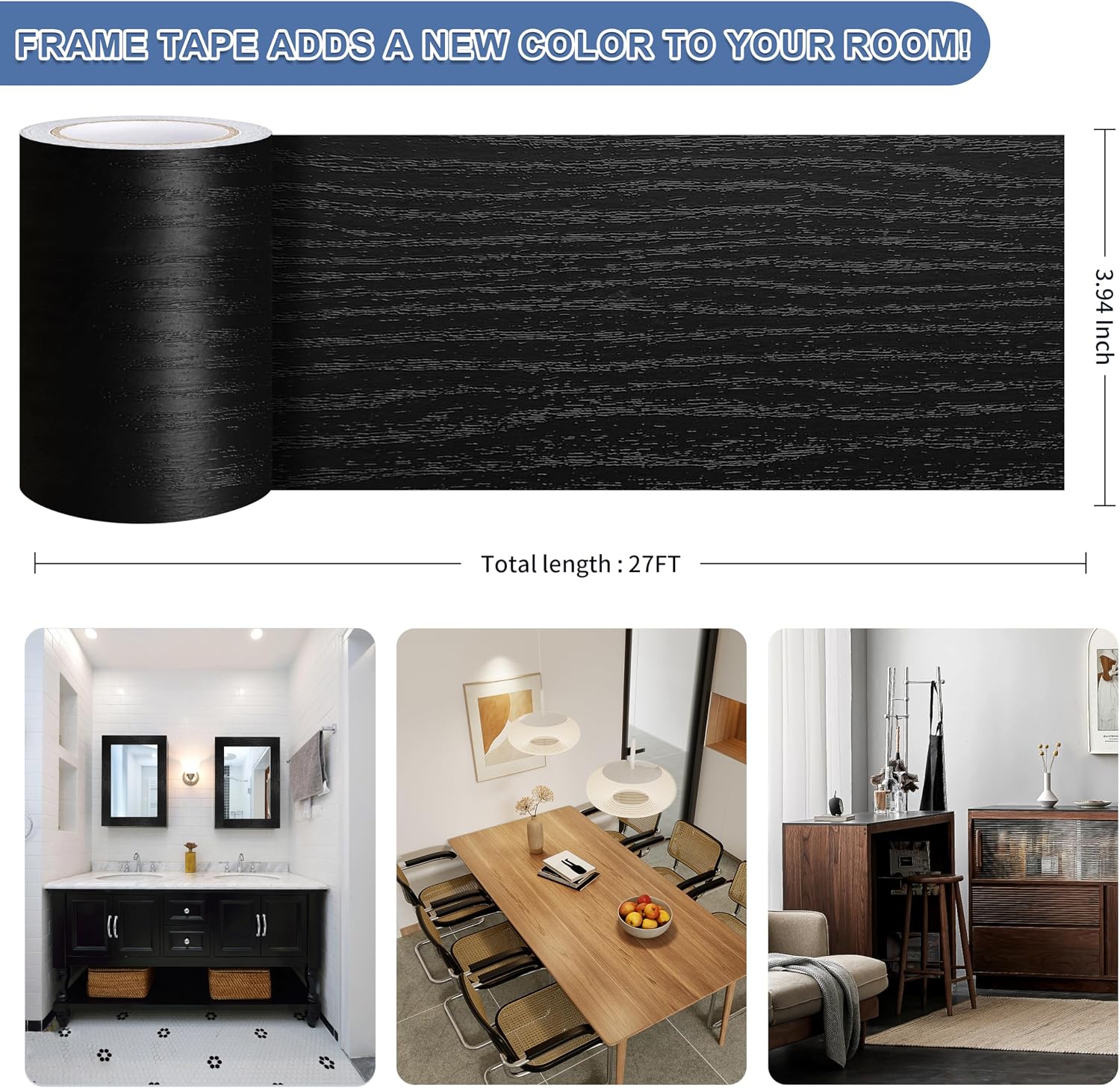 Wood Grain Wallpaper Border / 3.94 x 27 / Feet / Black