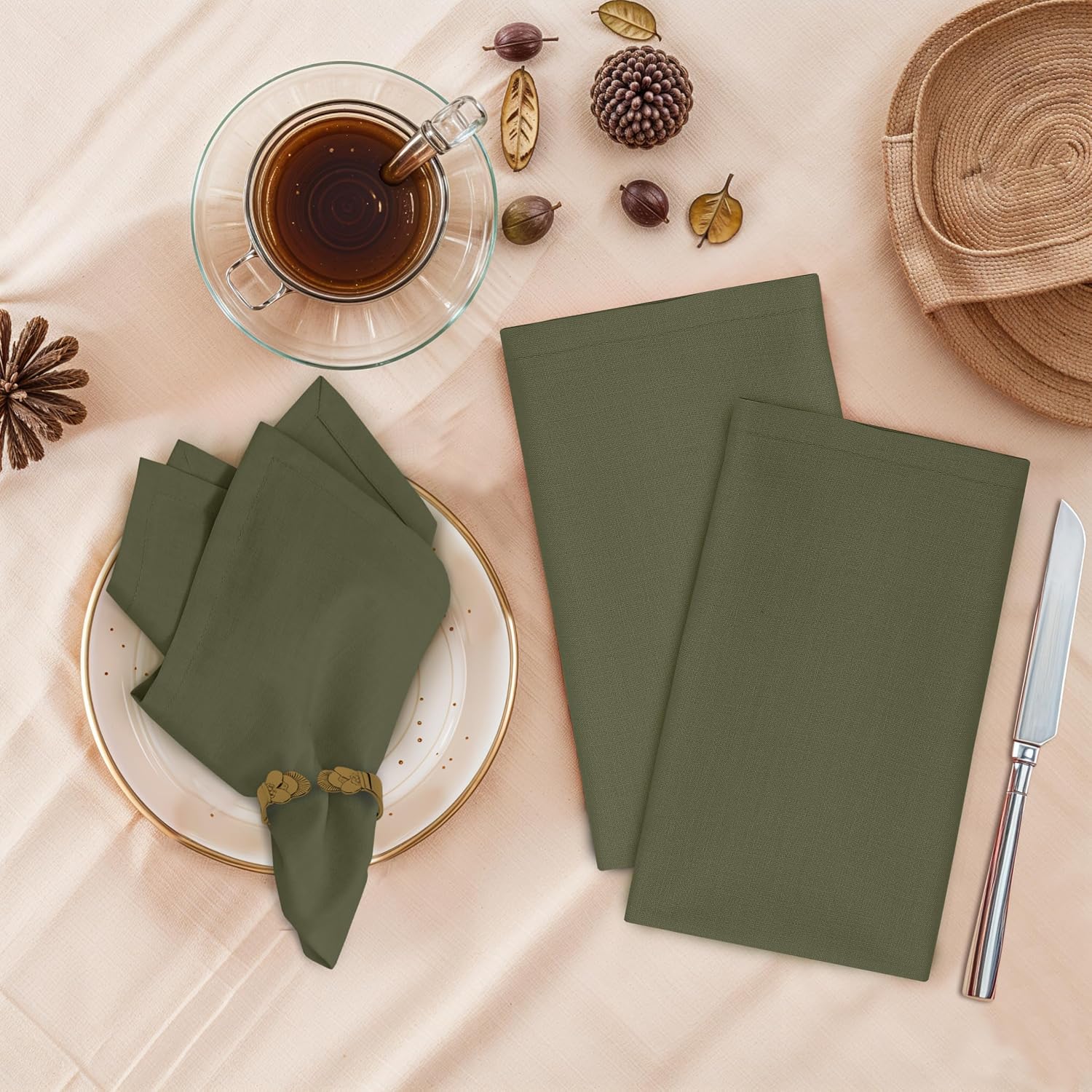 Ruvanti Cloth Napkins Set of 12, 100% Cotton 18”x18” - Capulet Olive | Washable, Soft, Durable & Absorbent Everyday