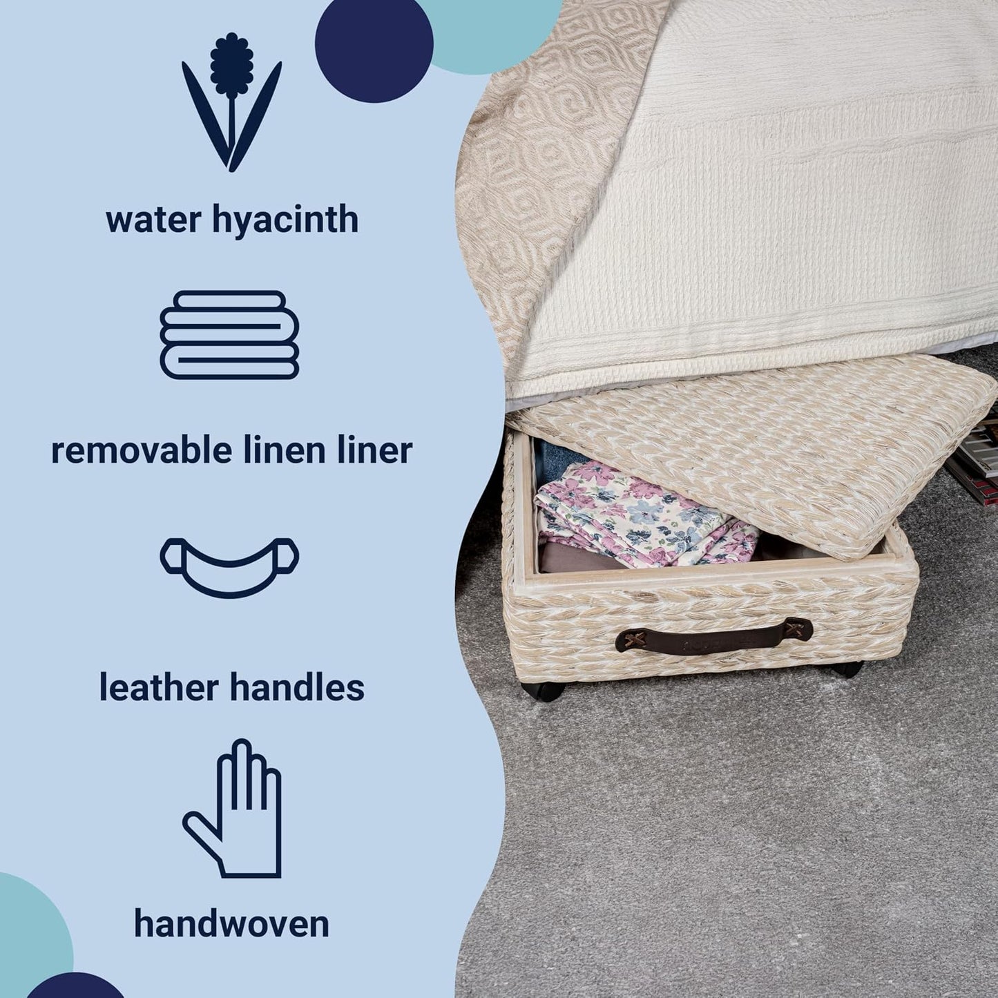BSK1006D Chett 26.38" Minimalist Hand-Woven Hyacinth/Wood Underbed Storage / White Wash/dark Brown