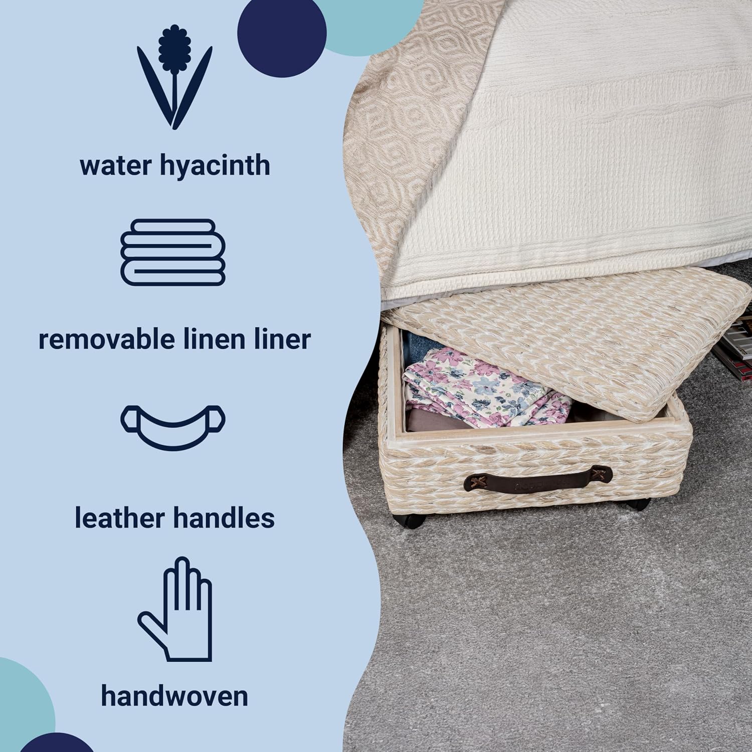 BSK1006D Chett 26.38" Minimalist Hand-Woven Hyacinth/Wood Underbed Storage / White Wash/dark Brown