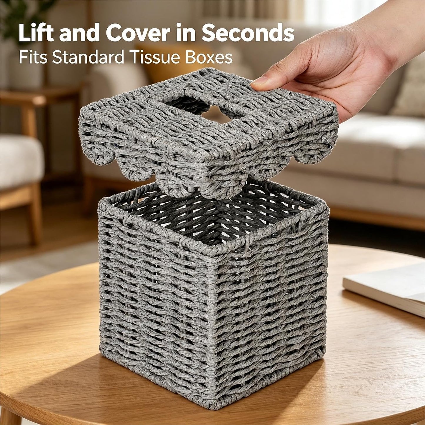 Square Wicker Tissue Box Holder Facial Tissues Boxes w/Scalloped Lid / Grey