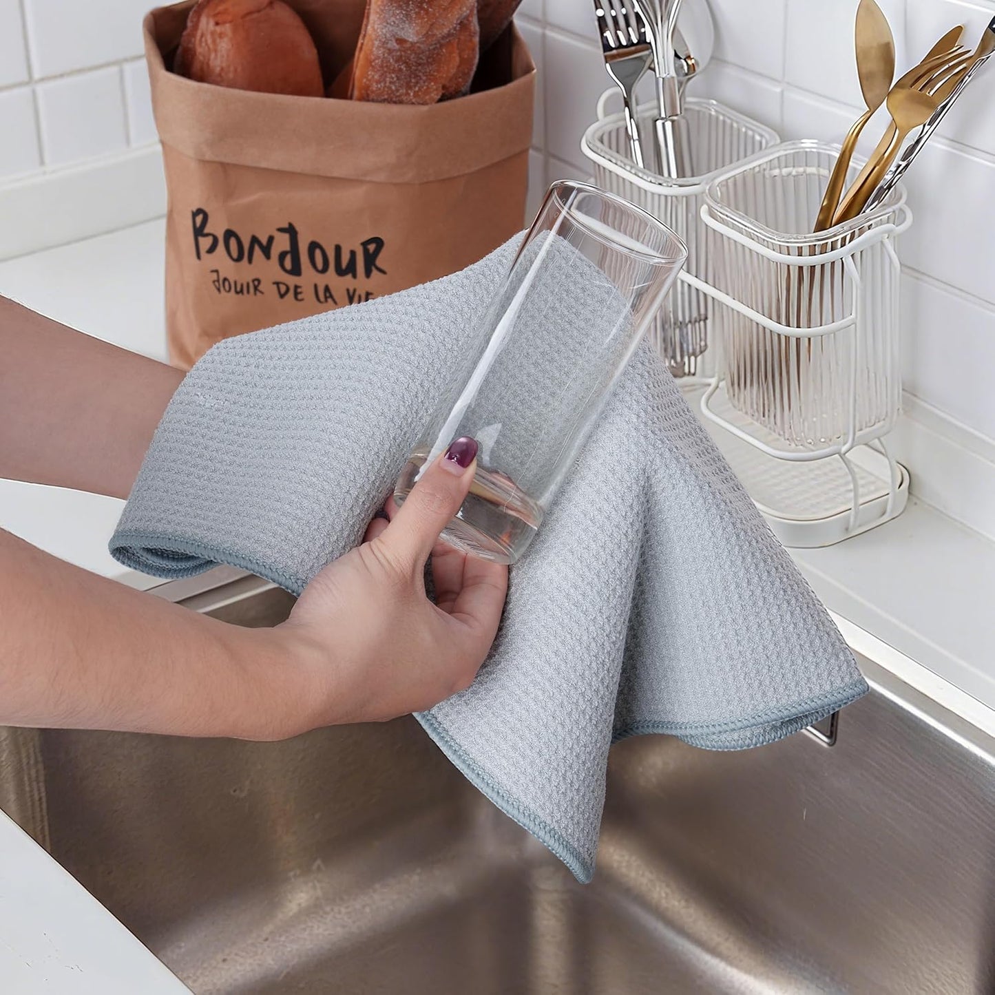 POLYTE 340 GSM Microfiber Waffle Kitchen Dish Tea Towel, 16x28 in, 12 Pack | Lint Free, Quick Dry