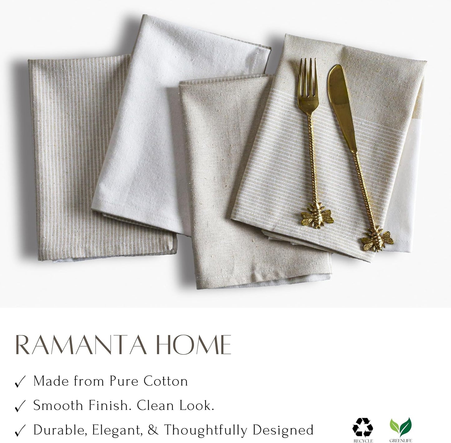 Ramanta Home Cloth Napkins Set of 12 18x18 Inches - Beige | Block Striped Dinner Napkins for Farmhouse Wedding