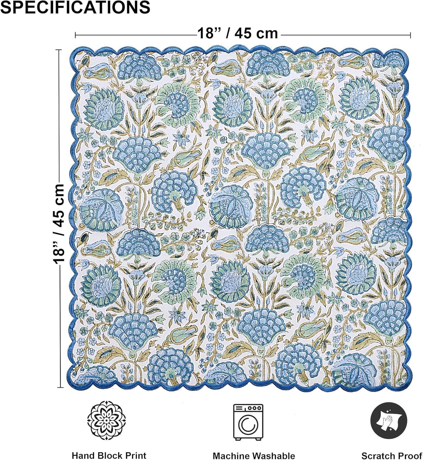 Hand Block Print Asparagus Green 18" x 18" (Set of 4) Embroidery Table Napkins Reusable Cotton Dinner Napkins for