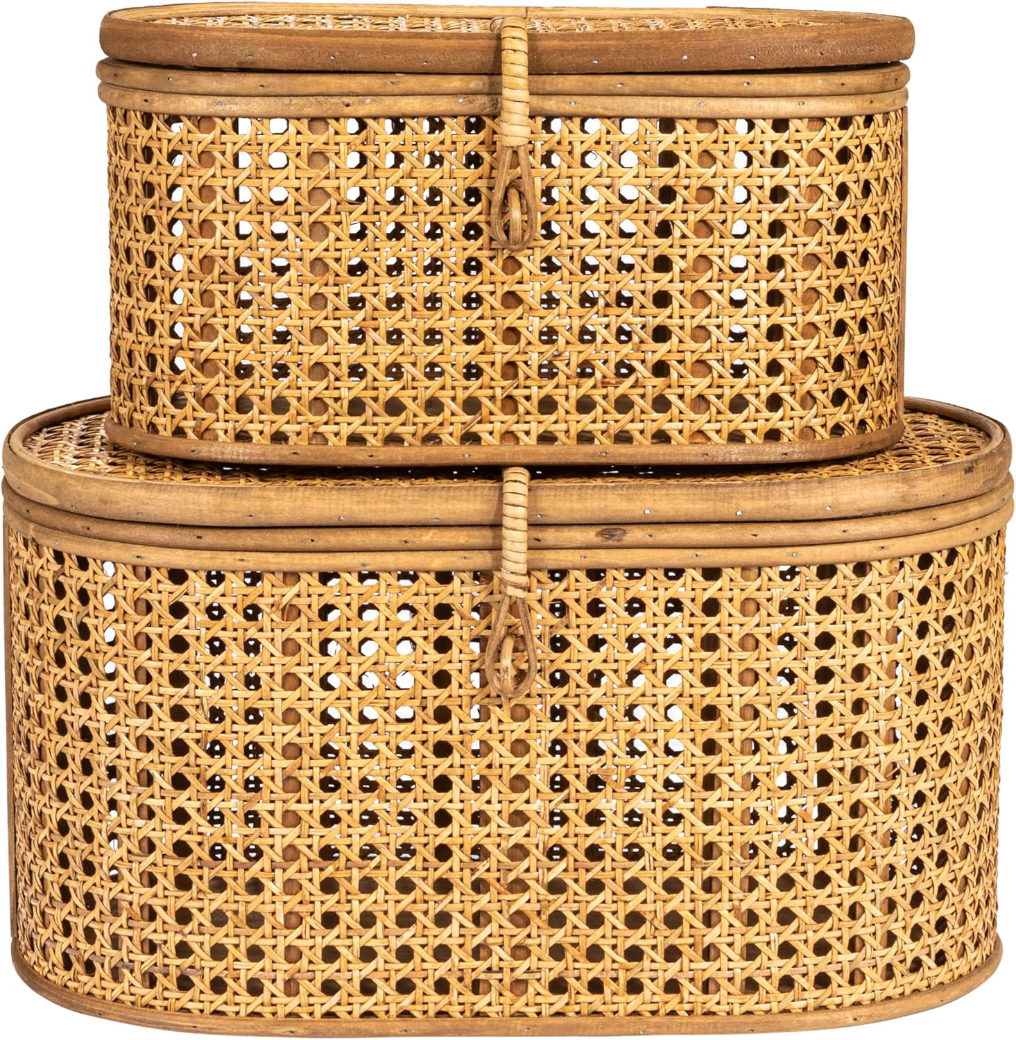 Modern Decorative Oval Woven Rattan Storage Boxes / Natural / Set of 2
