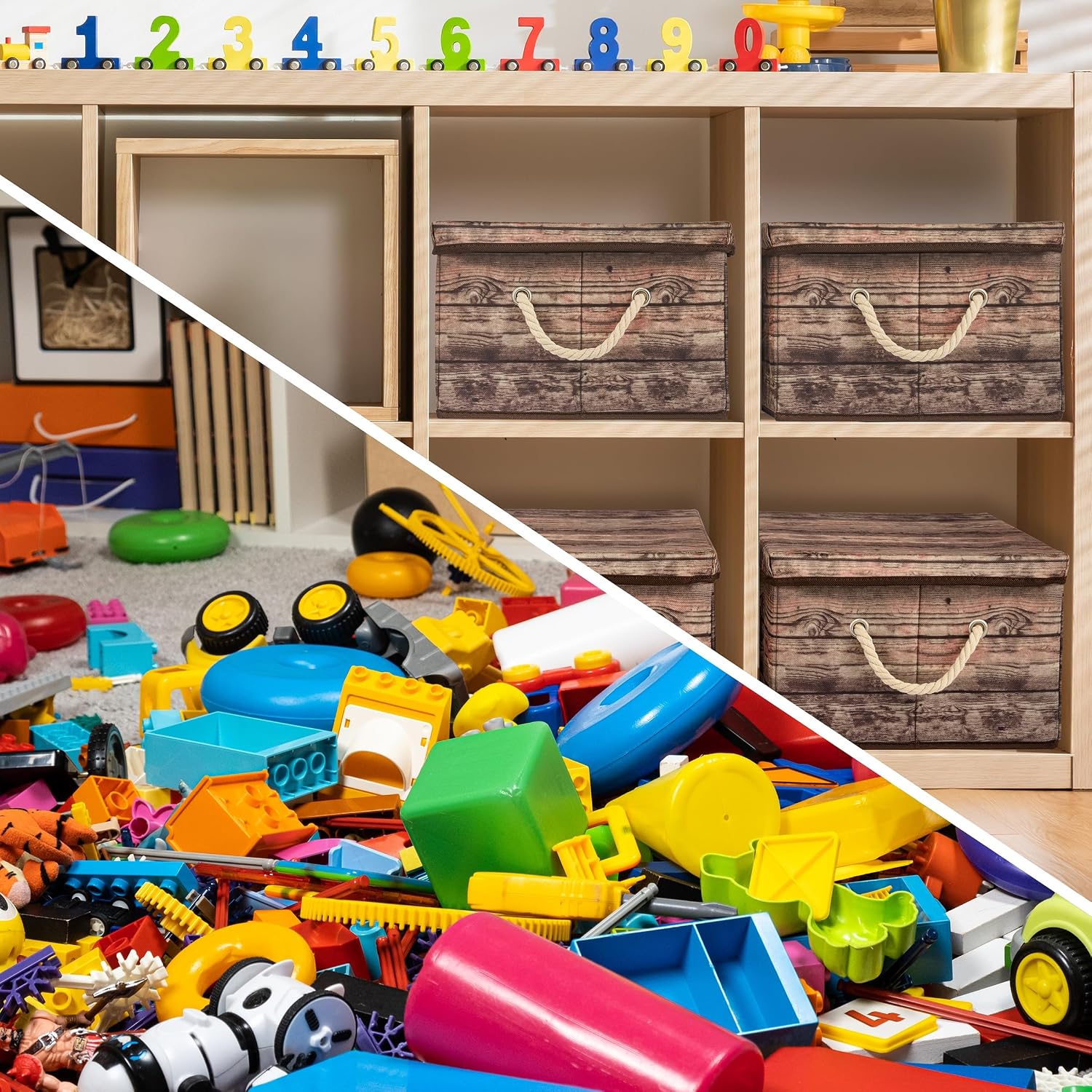 Sorbus Storage Box Set with Lid, Carry Handles, Foldable Frame, Rustic Wood Grain Print Bins, Great for Toys