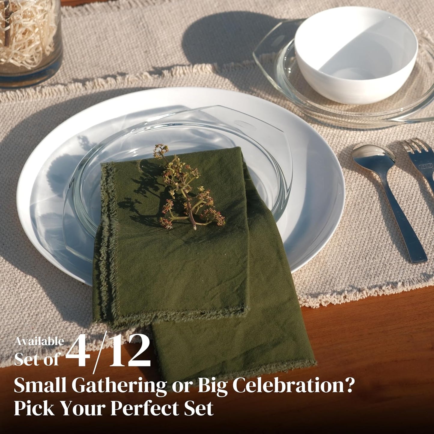 Ramanta Home Cloth Napkins Set of 12 Olive Green 18x18 Inch | Frayed Edge Dinner Napkin for Wedding, Birthday Party