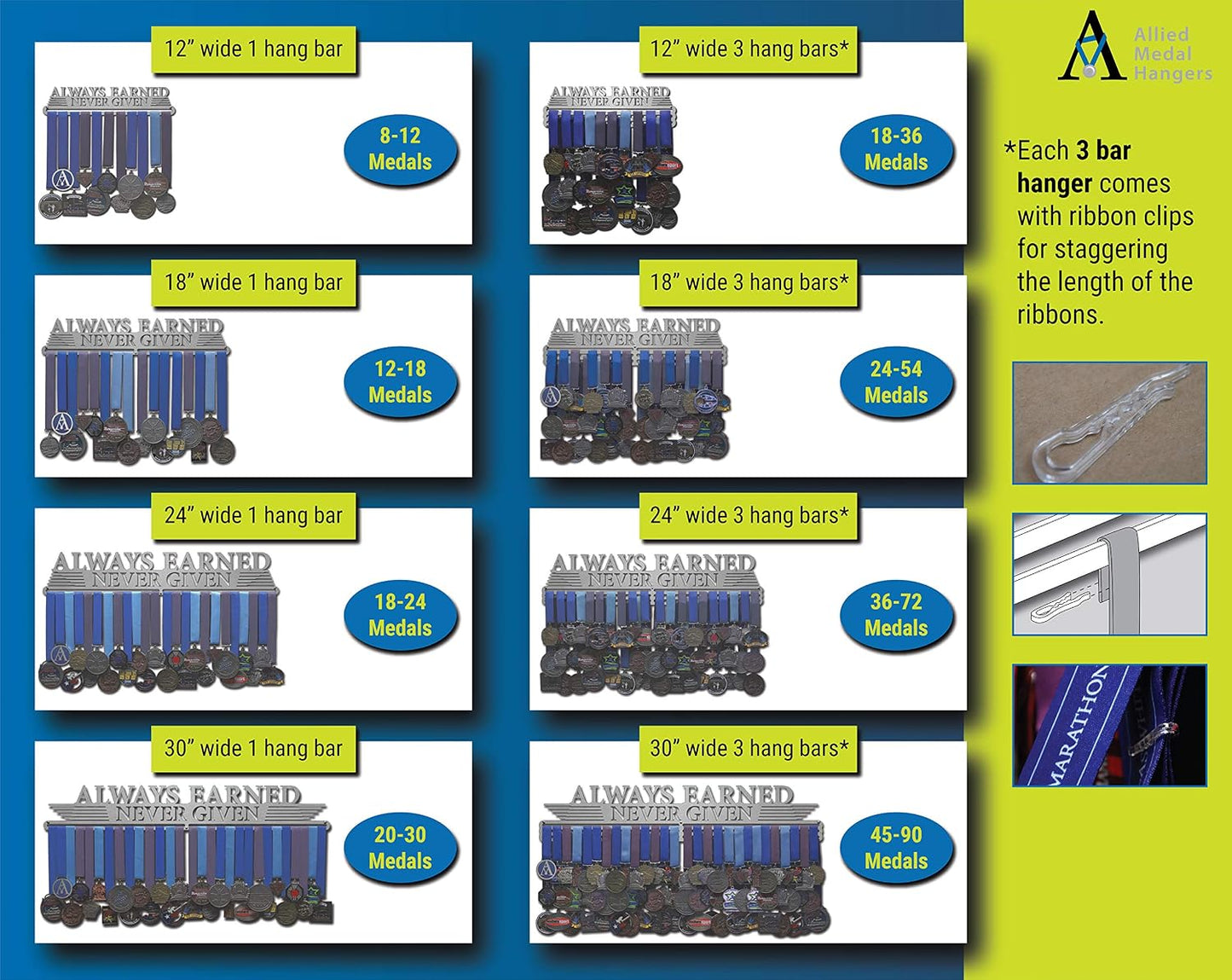 Allied Medal Hangers - Always Earned Never Given (Compact) - Multiple Variations Offered - Medal Awards Holder Display