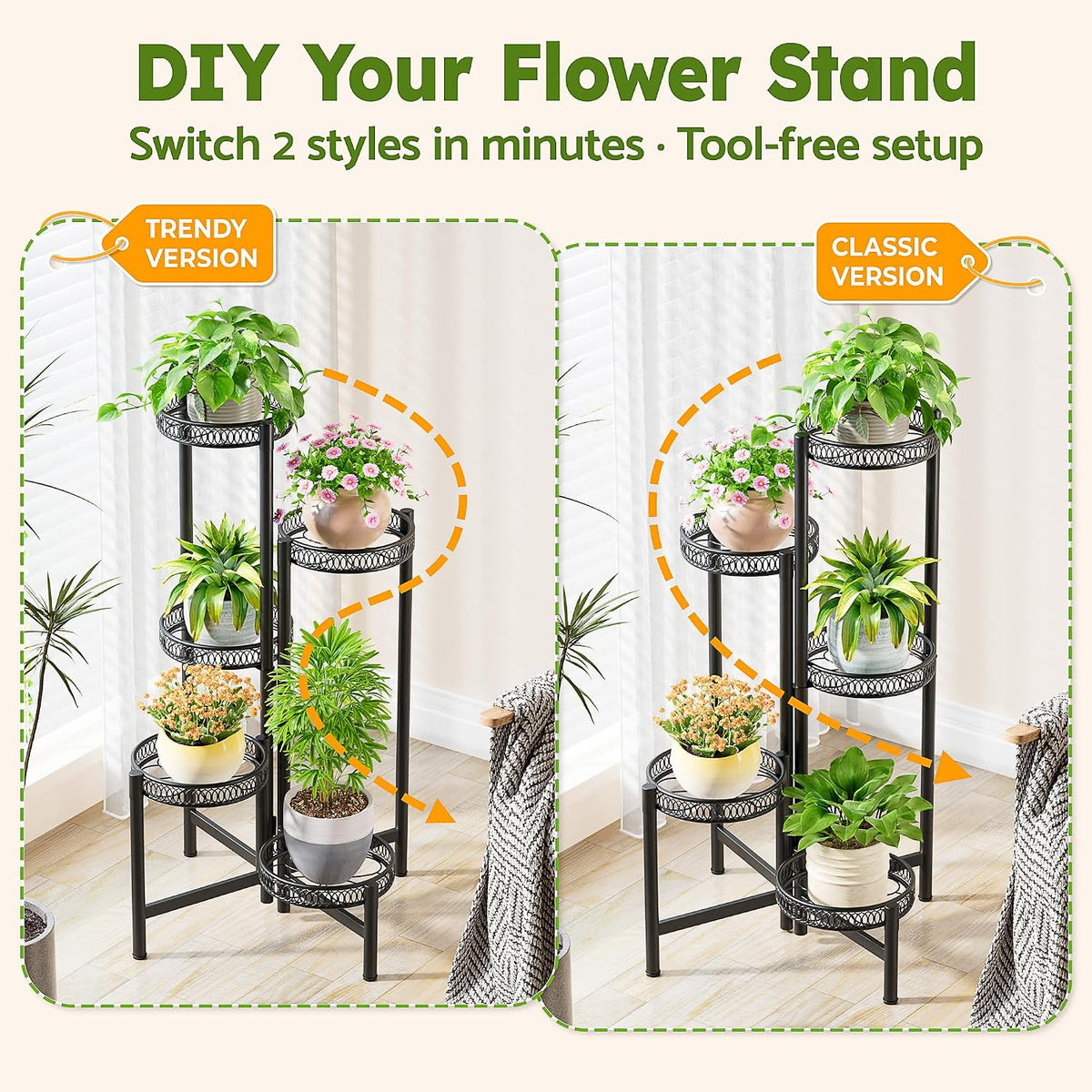 Plant Stand Indoor Outdoor, 5 Tier Corner Metal Flower Display Holder Stand, Folding Tall Plant Rack for Patio Balcony