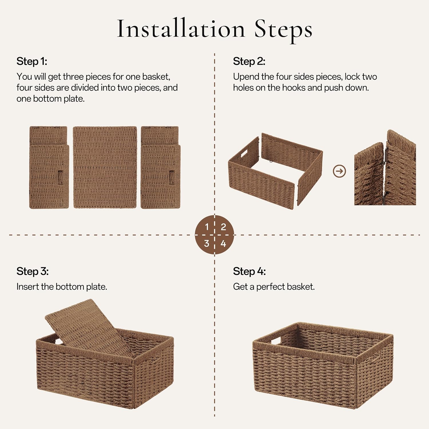 Wicker Basket / 13.4Lx8. W Woven Paper Rope Storage Baskets / Caramel / Medium / 3 x 7.1 / Set of 2