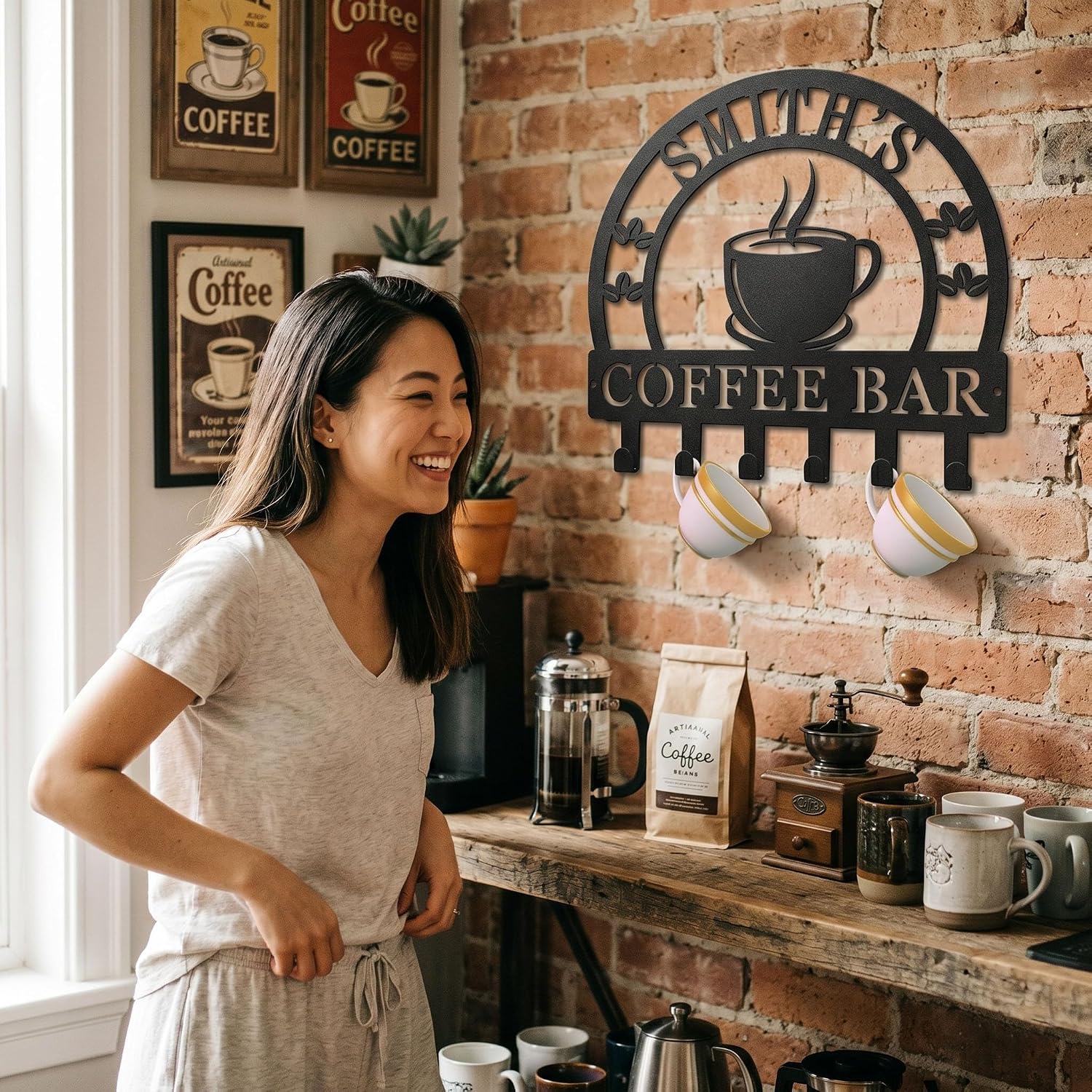Personalized Coffee Mug Holder Wall Mounted, Custom Name Metal Coffee Bar Sign, Modern Coffee Station Decor & Cup Rack