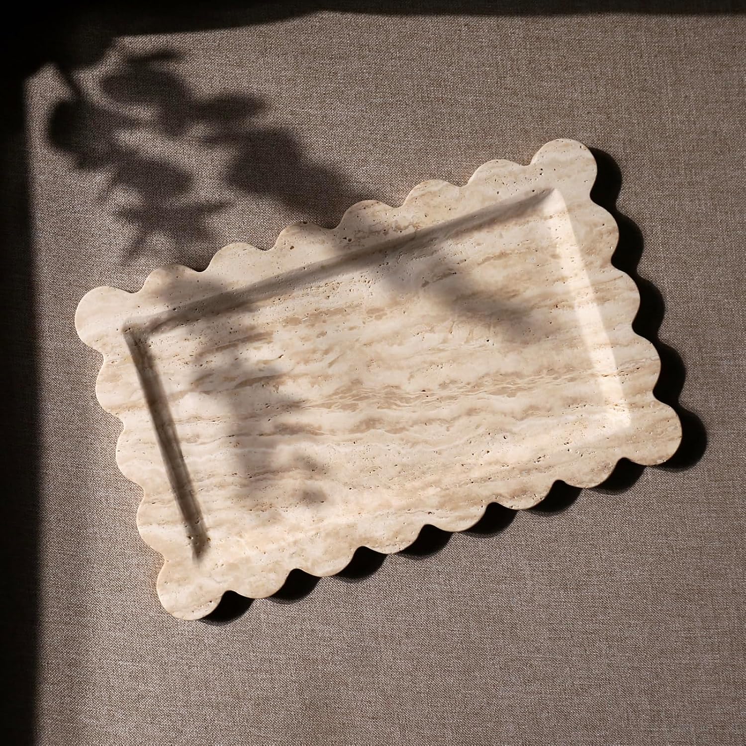 Natural 100% Marble Vanity Tray Scalloped Marble / Rectangle-beige Travertine / 11.8 x 7.4 x 0.7