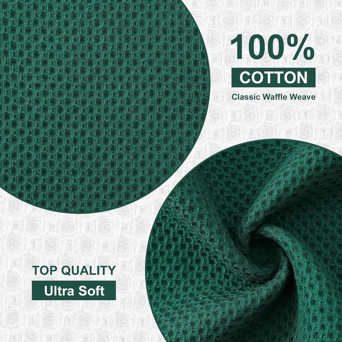 Kitinjoy 100% Cotton Waffle 8-Pack Kitchen Towels, 12" x 12", Dark Green | Ultra Absorbent, Super Soft, lightweight