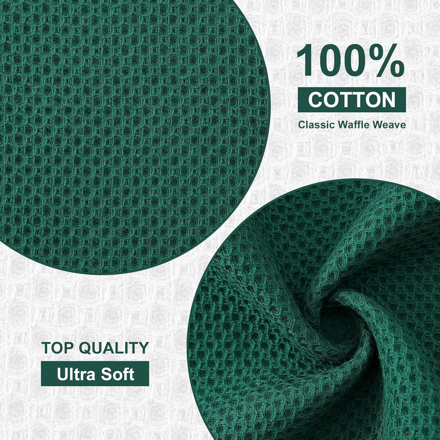 Kitinjoy 100% Cotton Waffle 8-Pack Kitchen Towels, 12" x 12", Dark Green | Ultra Absorbent, Super Soft, lightweight